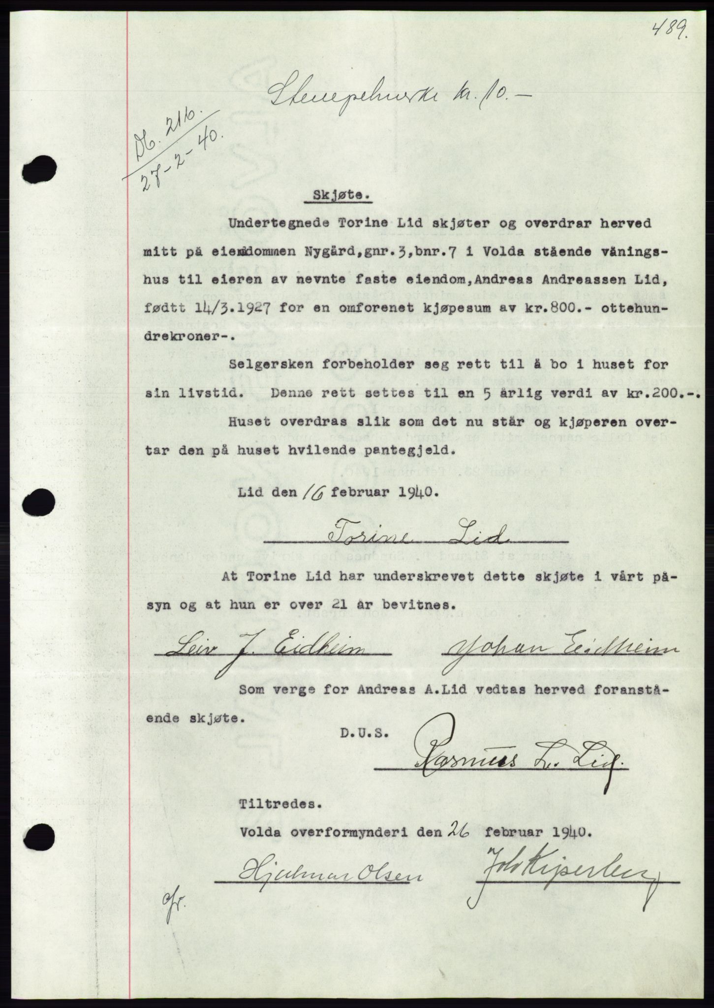 Søre Sunnmøre sorenskriveri, SAT/A-4122/1/2/2C/L0069: Pantebok nr. 63, 1939-1940, Dagboknr: 216/1940