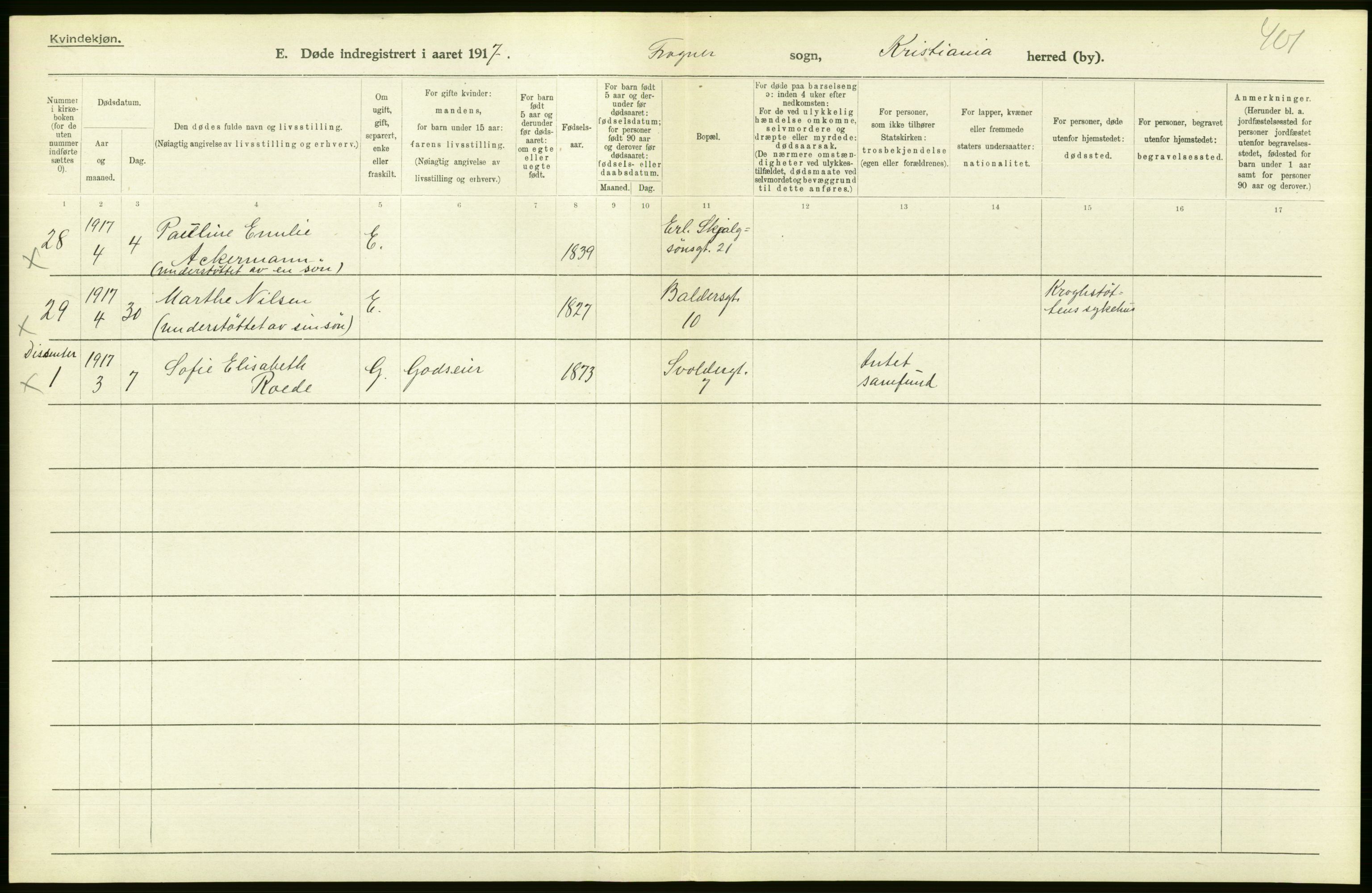 Statistisk sentralbyrå, Sosiodemografiske emner, Befolkning, AV/RA-S-2228/D/Df/Dfb/Dfbg/L0010: Kristiania: Døde, 1917, s. 302