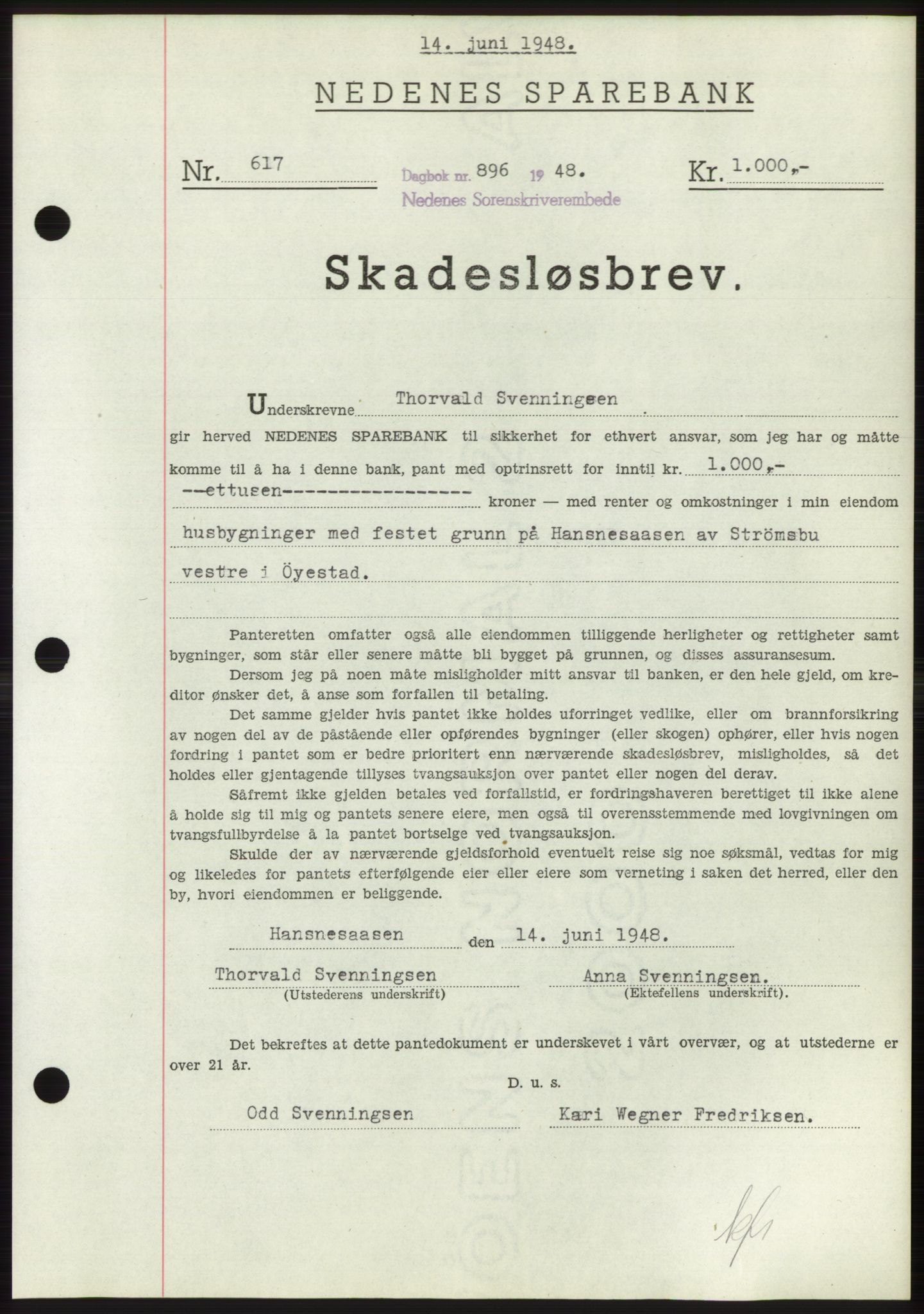 Nedenes sorenskriveri, AV/SAK-1221-0006/G/Gb/Gbb/L0005: Pantebok nr. B5, 1948-1948, Dagboknr: 896/1948