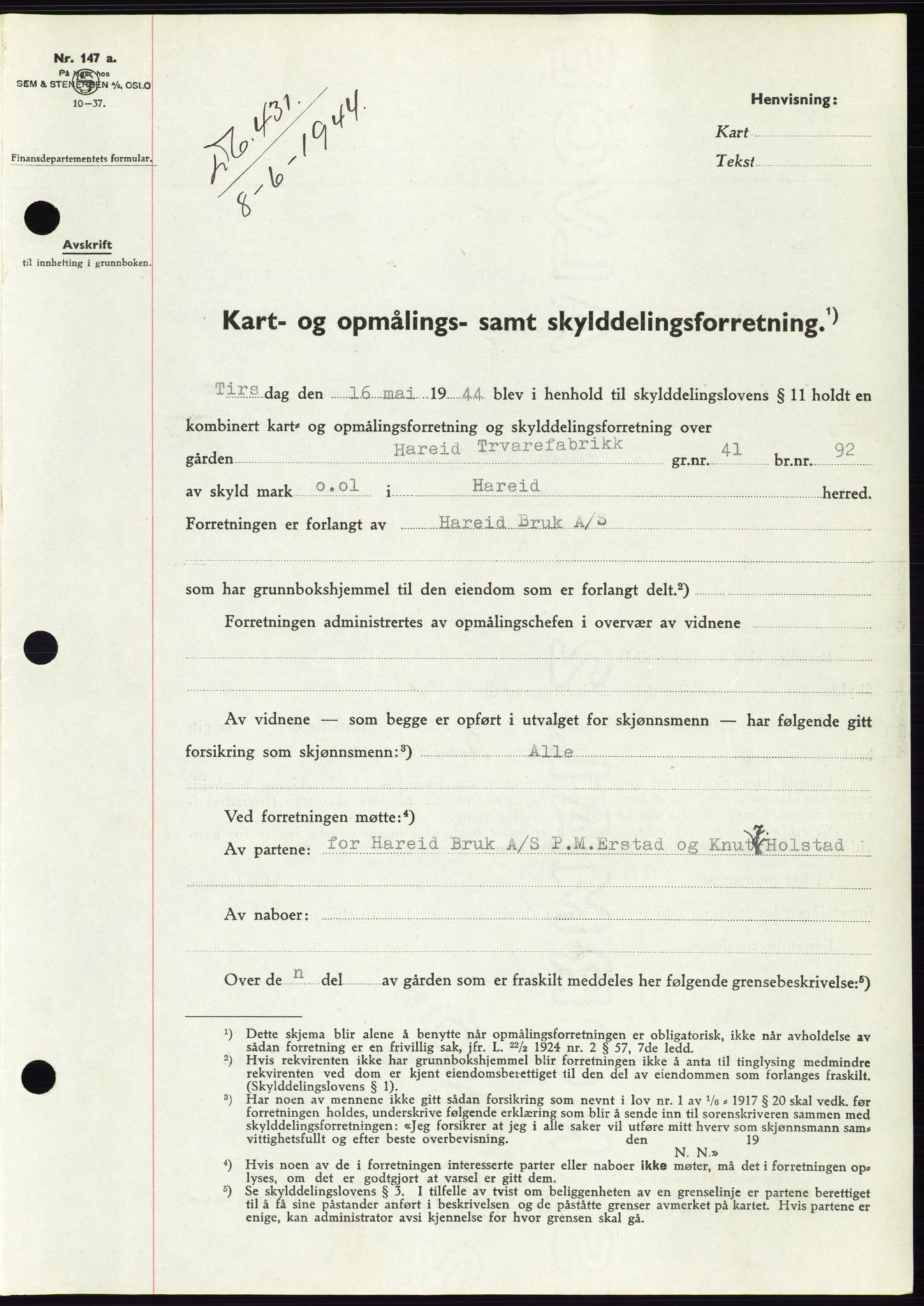 Søre Sunnmøre sorenskriveri, AV/SAT-A-4122/1/2/2C/L0076: Pantebok nr. 2A, 1943-1944, Dagboknr: 431/1944