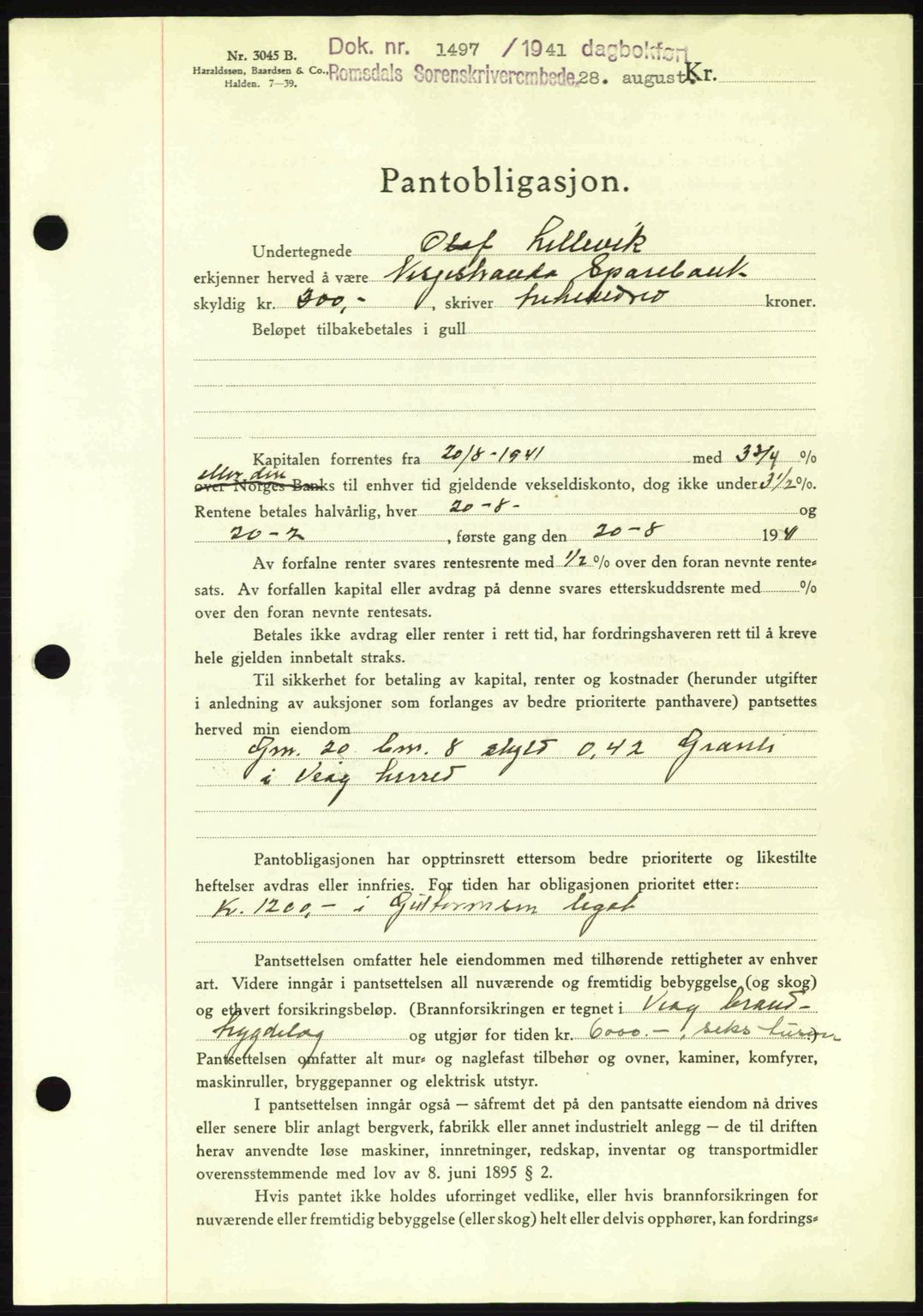 Romsdal sorenskriveri, SAT/A-4149/1/2/2C: Pantebok nr. B2, 1939-1945, Dagboknr: 1497/1941