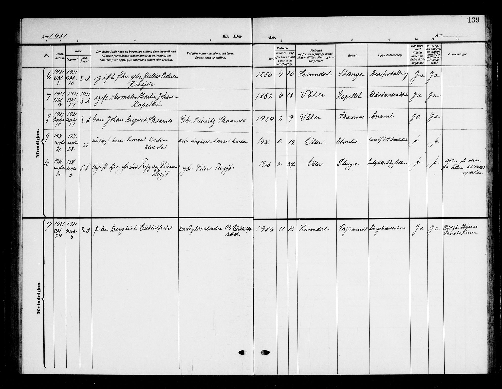 Våler prestekontor Kirkebøker, AV/SAO-A-11083/G/Ga/L0006: Klokkerbok nr. I 6, 1931-1950, s. 139