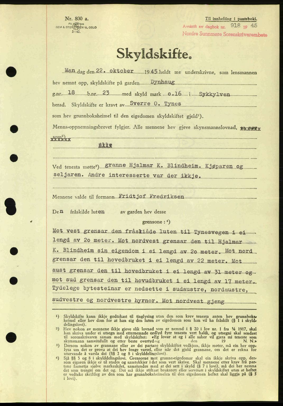 Nordre Sunnmøre sorenskriveri, AV/SAT-A-0006/1/2/2C/2Ca: Pantebok nr. A20a, 1945-1945, Dagboknr: 918/1945