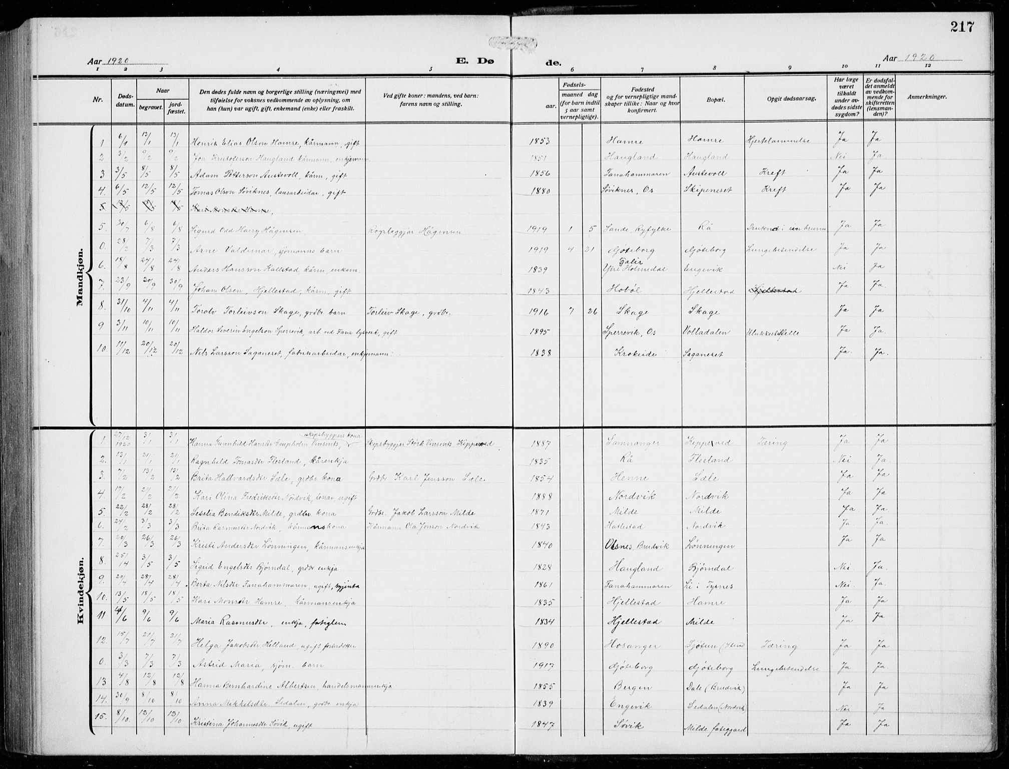 Fana Sokneprestembete, AV/SAB-A-75101/H/Hab/Haba/L0005: Klokkerbok nr. A 5, 1911-1932, s. 217