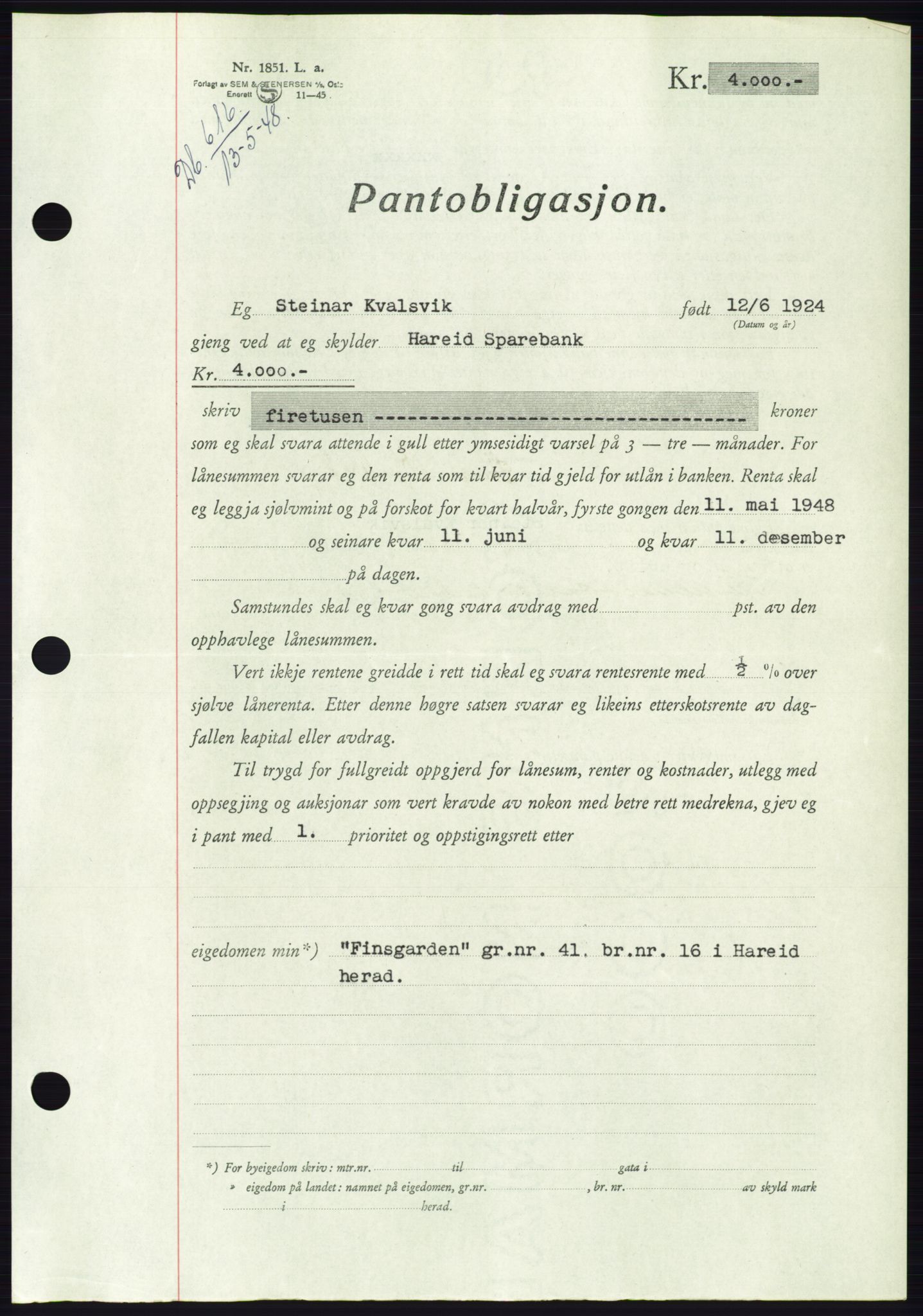 Søre Sunnmøre sorenskriveri, AV/SAT-A-4122/1/2/2C/L0115: Pantebok nr. 3B, 1947-1948, Dagboknr: 616/1948