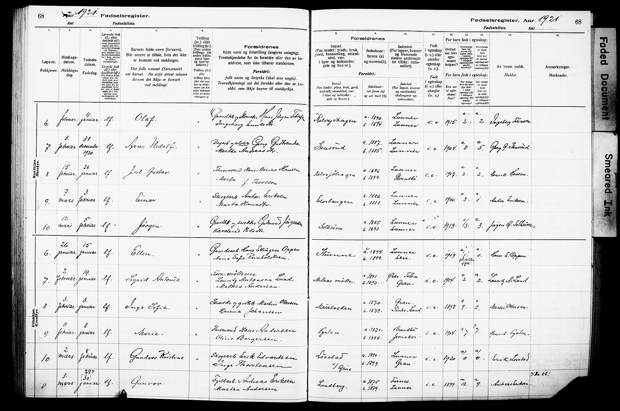 Lunner prestekontor, AV/SAH-PREST-118/I/Id/L0001: Fødselsregister nr. 1, 1916-1932, s. 68