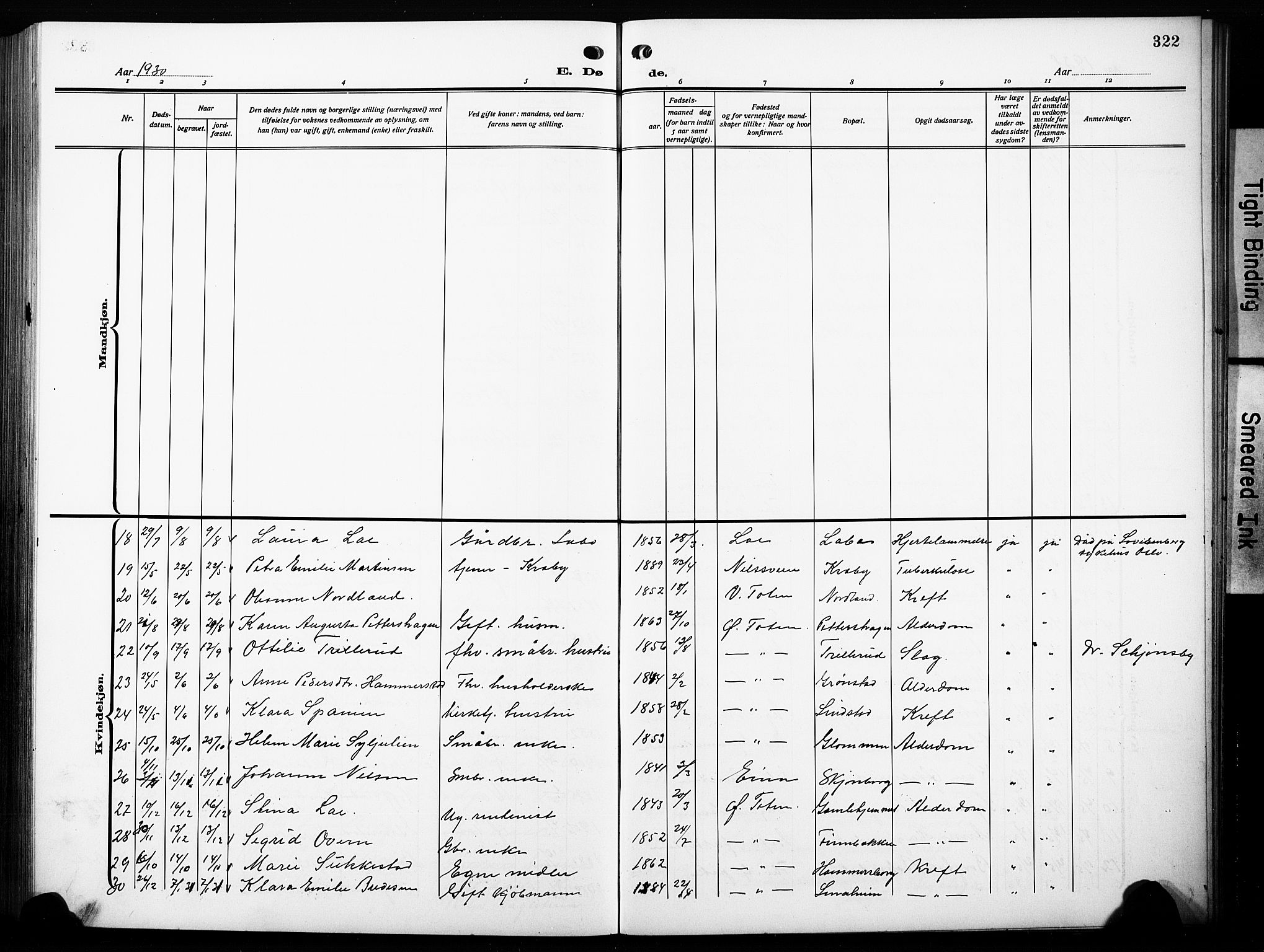 Østre Toten prestekontor, AV/SAH-PREST-104/H/Ha/Hab/L0010: Klokkerbok nr. 10, 1912-1933, s. 322