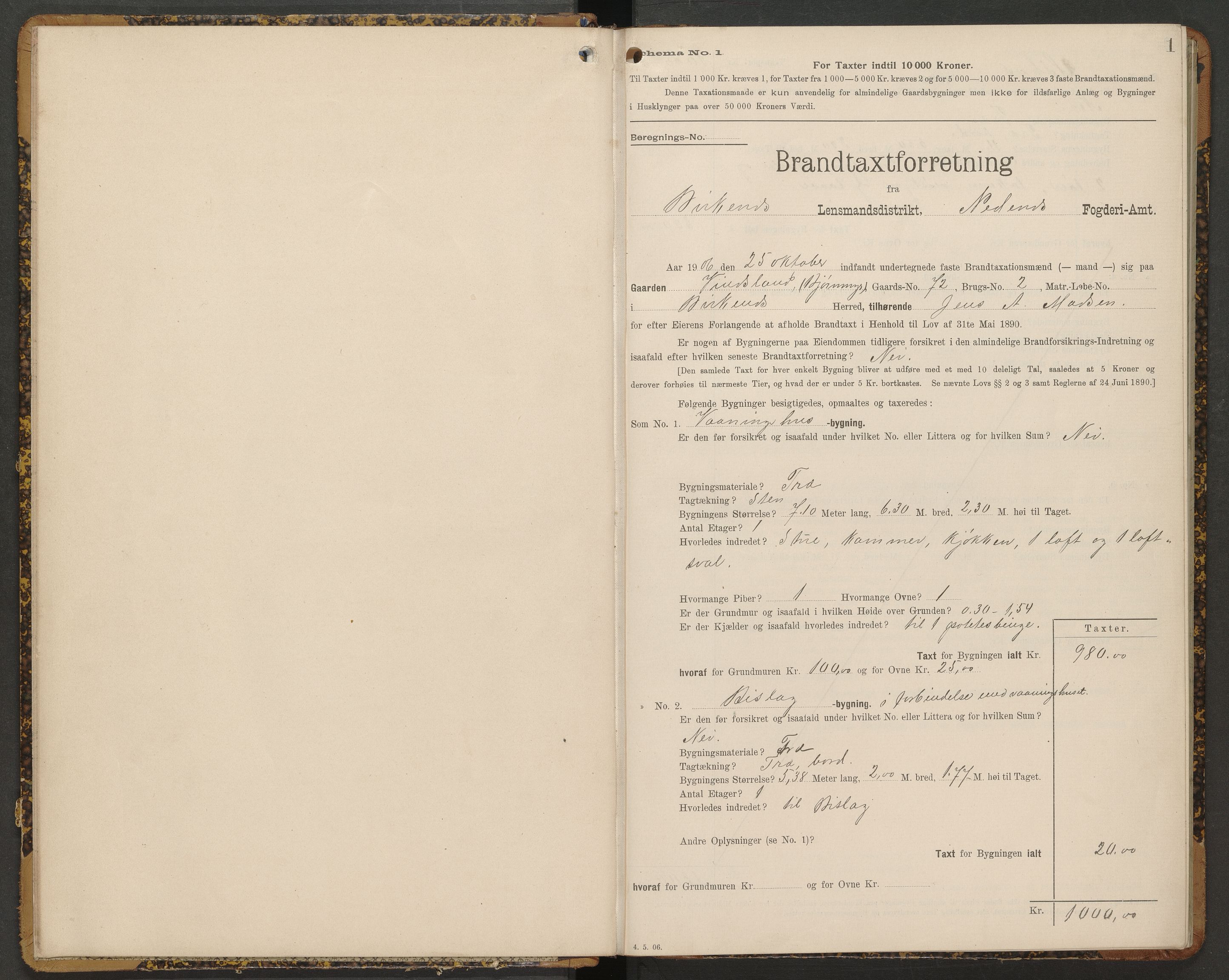 Norges Brannkasse Birkenes, AV/SAK-2241-0005/F/Fa/L0010: Branntakstprotokoll nr. 10 med gårdsnavnregister, 1906-1911