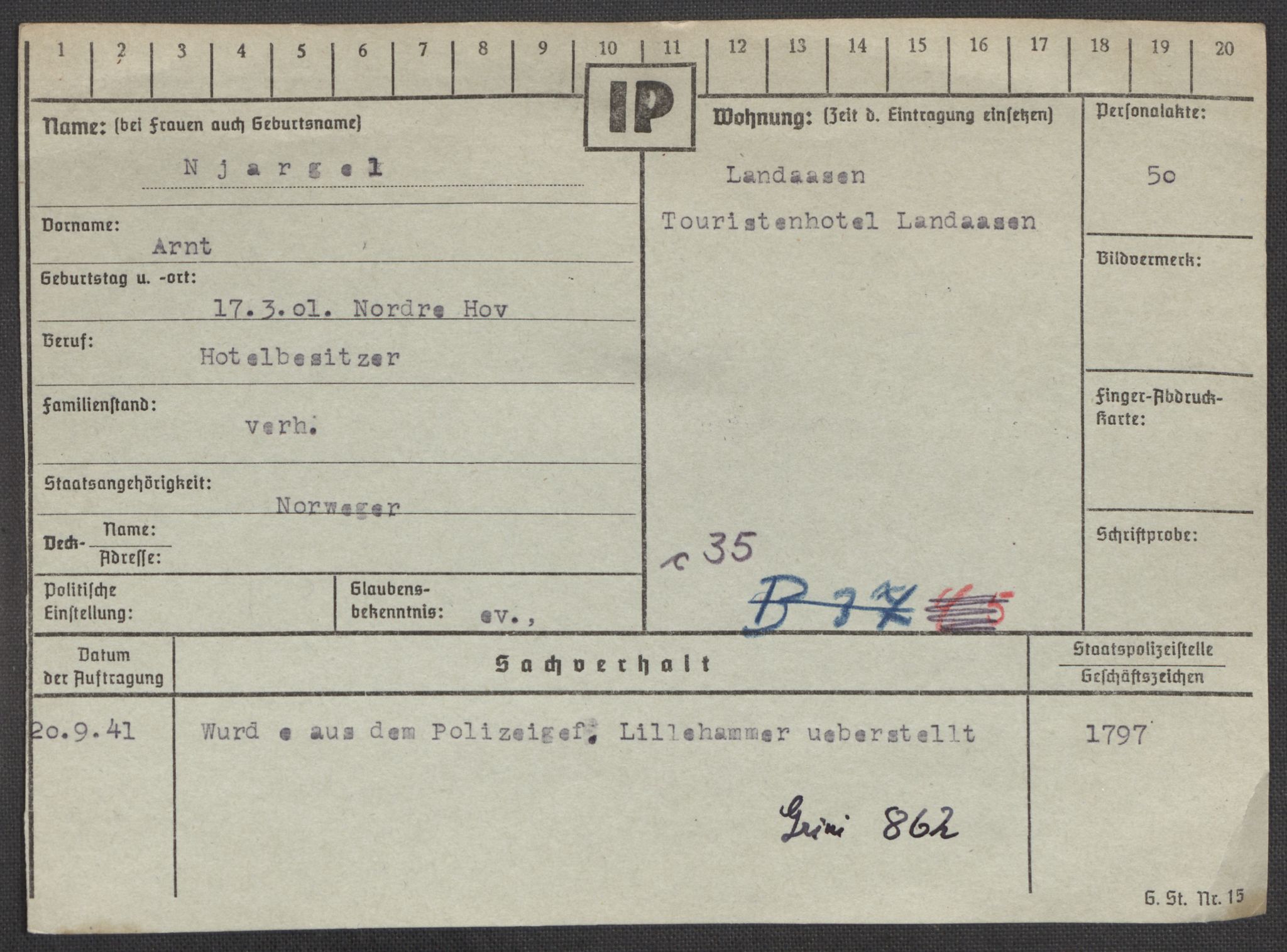 Befehlshaber der Sicherheitspolizei und des SD, RA/RAFA-5969/E/Ea/Eaa/L0007: Register over norske fanger i Møllergata 19: Lundb-N, 1940-1945, s. 1328