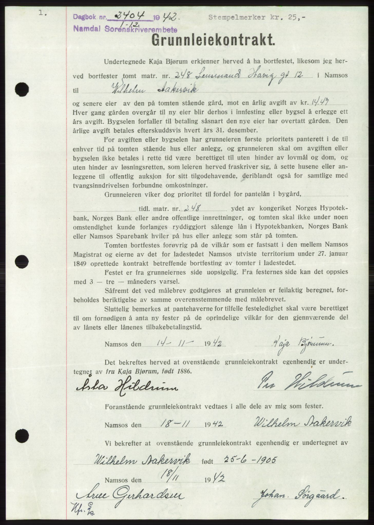 Namdal sorenskriveri, SAT/A-4133/1/2/2C: Pantebok nr. -, 1942-1943, Dagboknr: 2404/1942