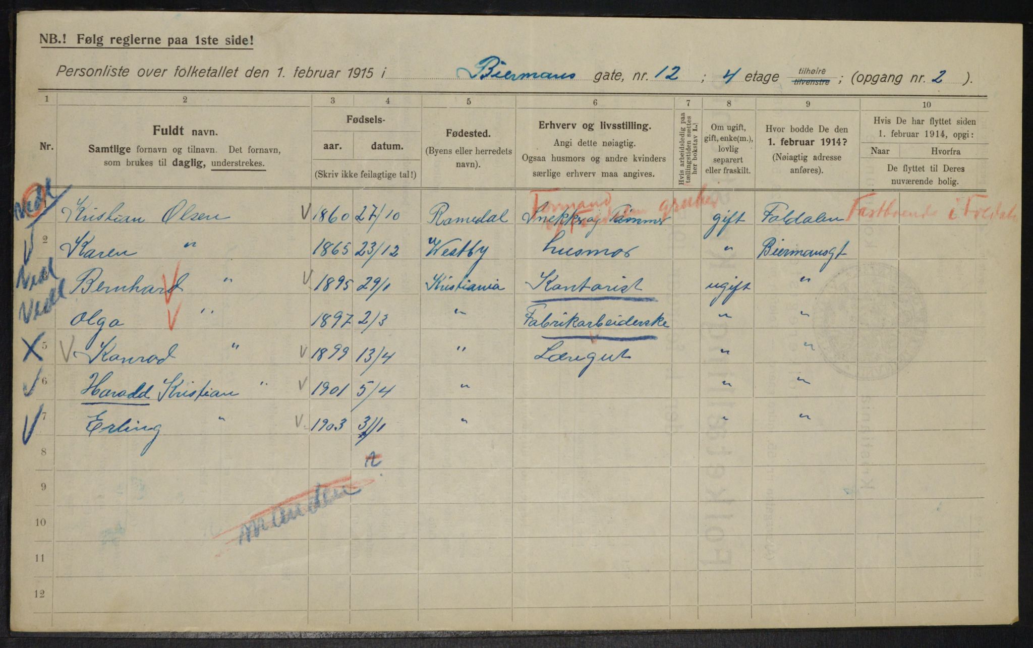 OBA, Kommunal folketelling 1.2.1915 for Kristiania, 1915, s. 4960