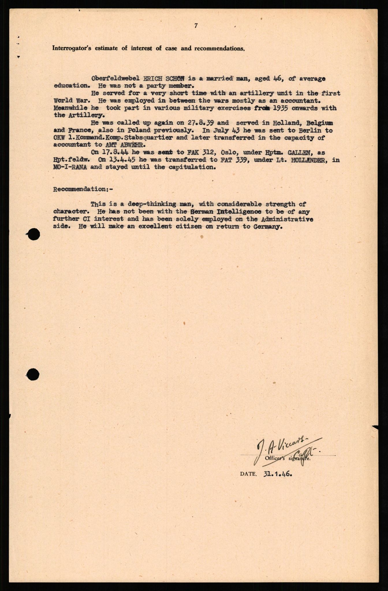 Forsvaret, Forsvarets overkommando II, RA/RAFA-3915/D/Db/L0031: CI Questionaires. Tyske okkupasjonsstyrker i Norge. Tyskere., 1945-1946, s. 355