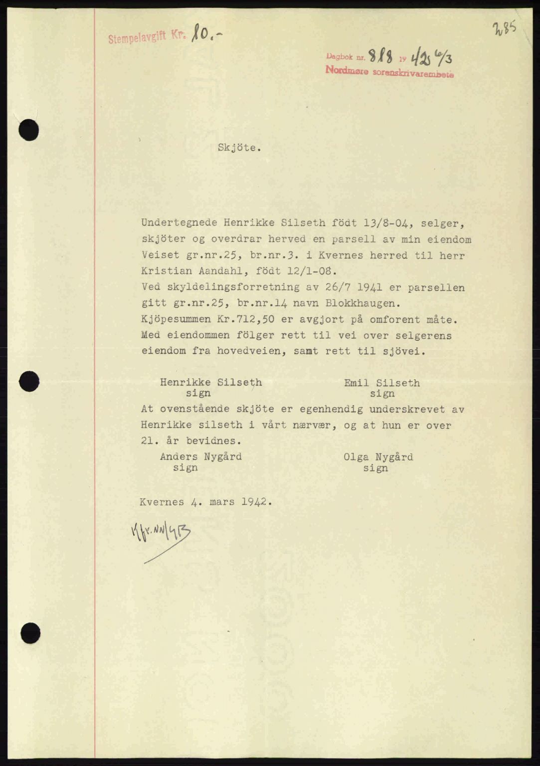 Nordmøre sorenskriveri, SAT/A-4132/1/2/2Ca: Pantebok nr. A92, 1942-1942, Dagboknr: 818/1942