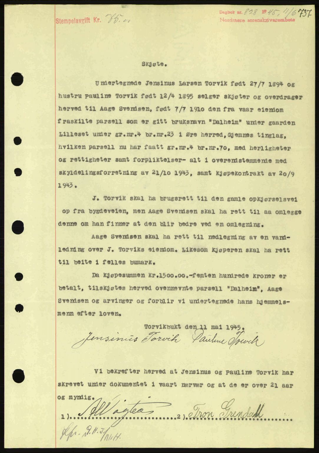 Nordmøre sorenskriveri, SAT/A-4132/1/2/2Ca: Pantebok nr. A99, 1945-1945, Dagboknr: 828/1945