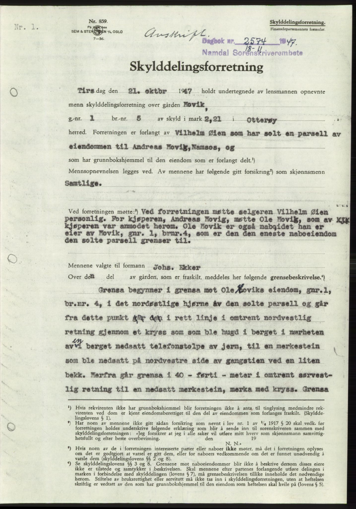 Namdal sorenskriveri, SAT/A-4133/1/2/2C: Pantebok nr. -, 1947-1948, Dagboknr: 2574/1947