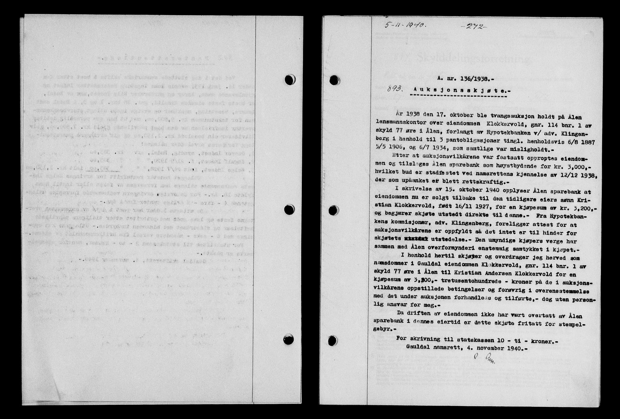 Gauldal sorenskriveri, SAT/A-0014/1/2/2C/L0052: Pantebok nr. 57, 1940-1941, Dagboknr: 893/1940