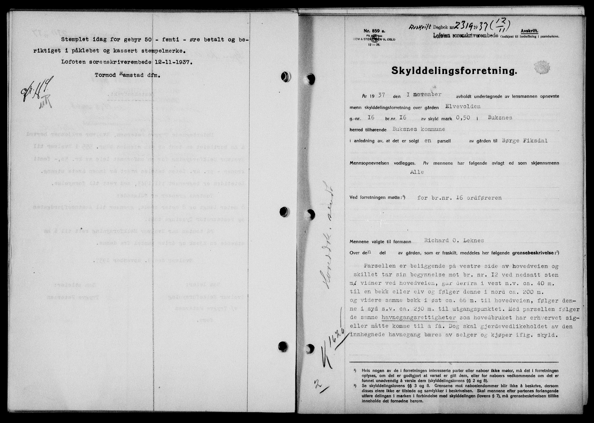 Lofoten sorenskriveri, SAT/A-0017/1/2/2C/L0003a: Pantebok nr. 3a, 1937-1938, Dagboknr: 2319/1937