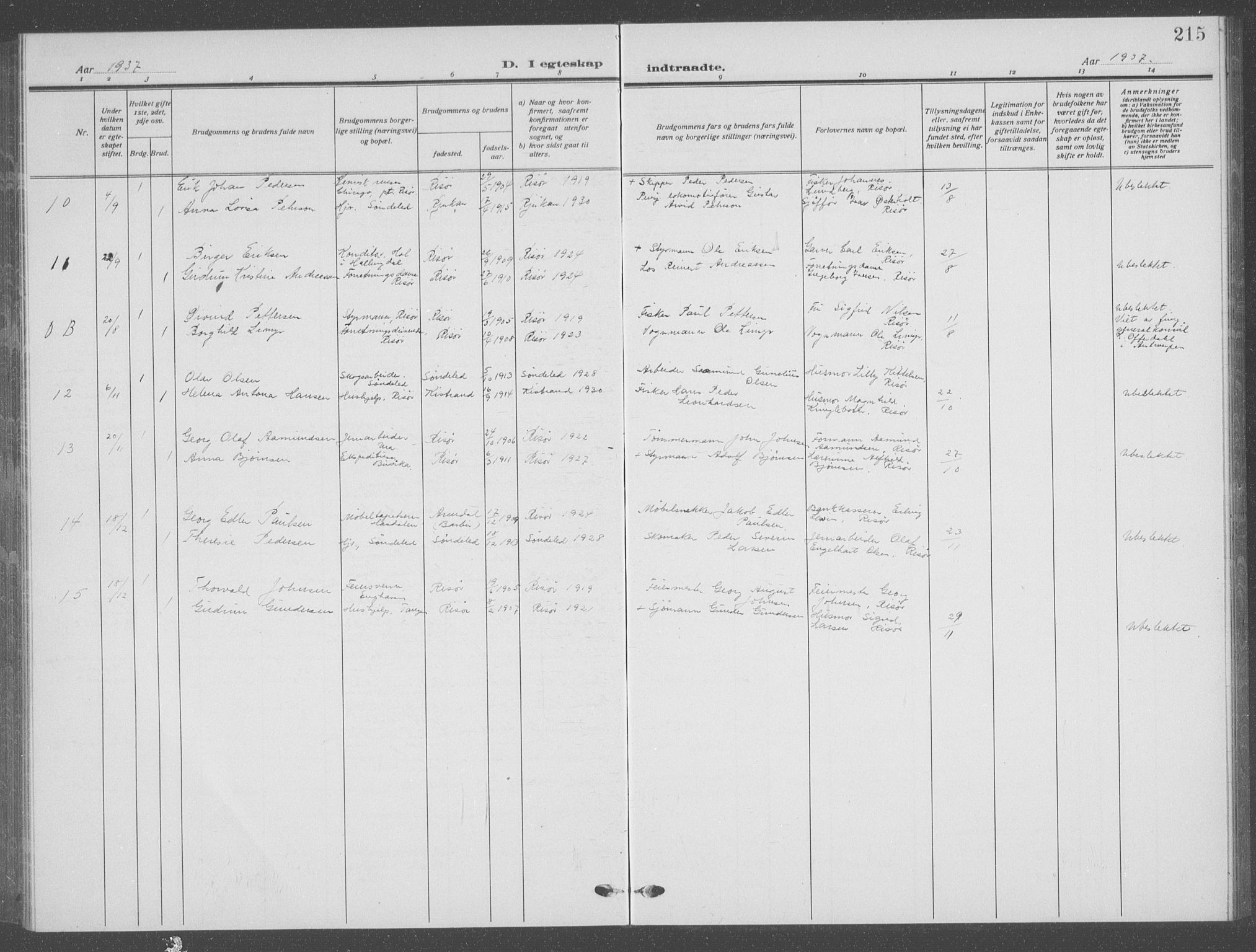 Risør sokneprestkontor, AV/SAK-1111-0035/F/Fb/L0009: Klokkerbok nr. B 9, 1922-1939, s. 215