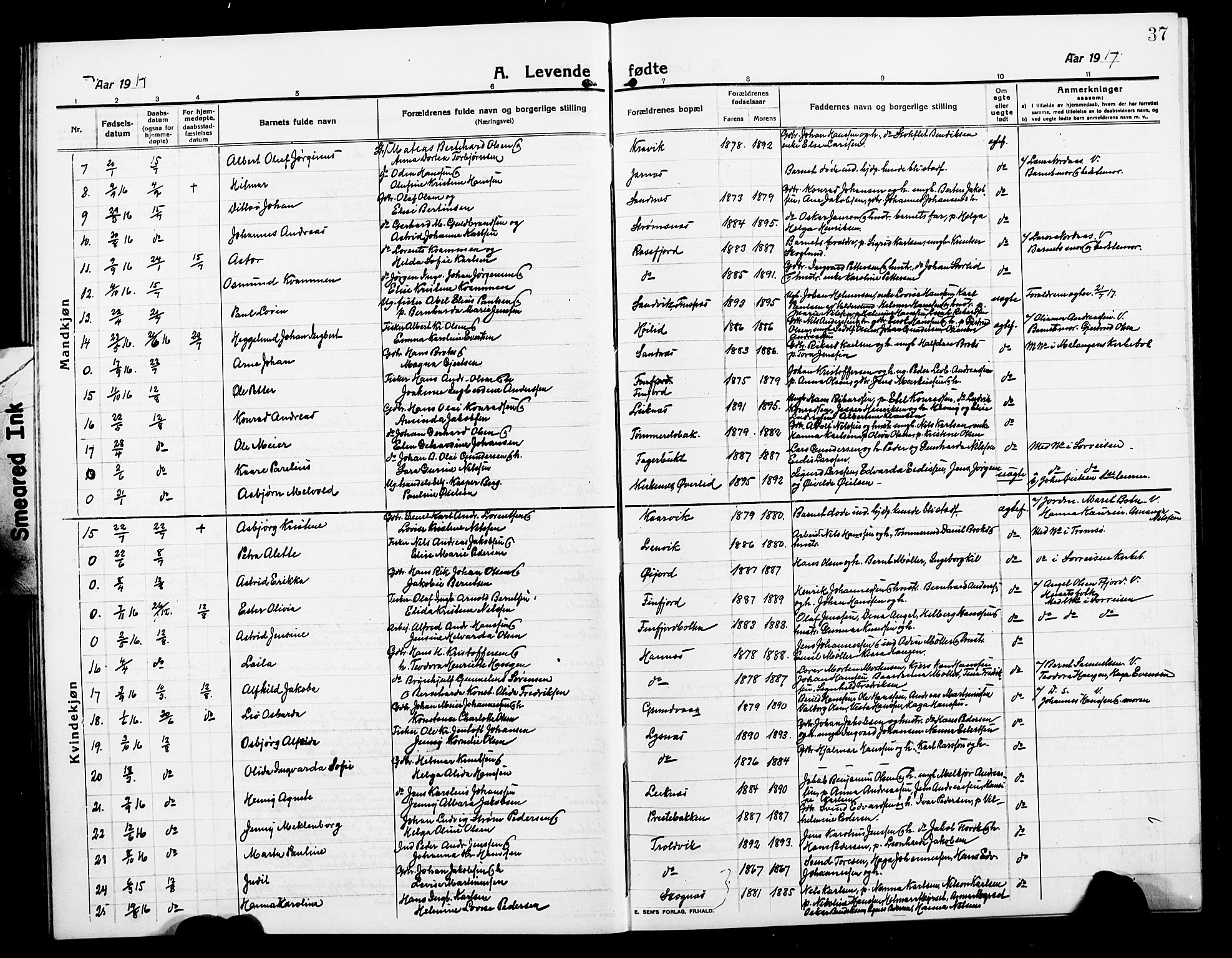 Lenvik sokneprestembete, AV/SATØ-S-1310/H/Ha/Hab/L0009klokker: Klokkerbok nr. 9, 1912-1926, s. 37