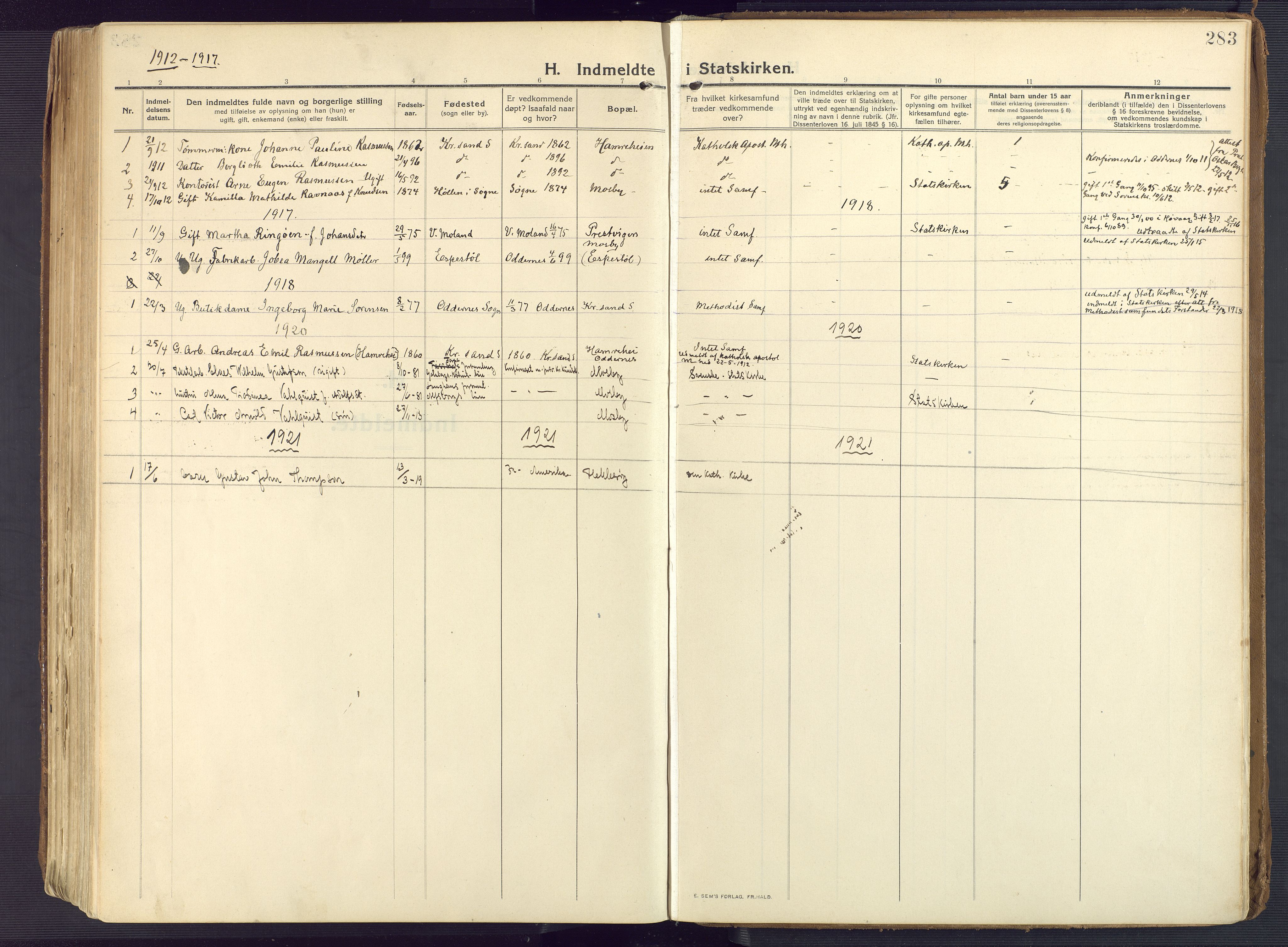 Oddernes sokneprestkontor, SAK/1111-0033/F/Fa/Faa/L0012: Ministerialbok nr. A 12, 1912-1925, s. 283