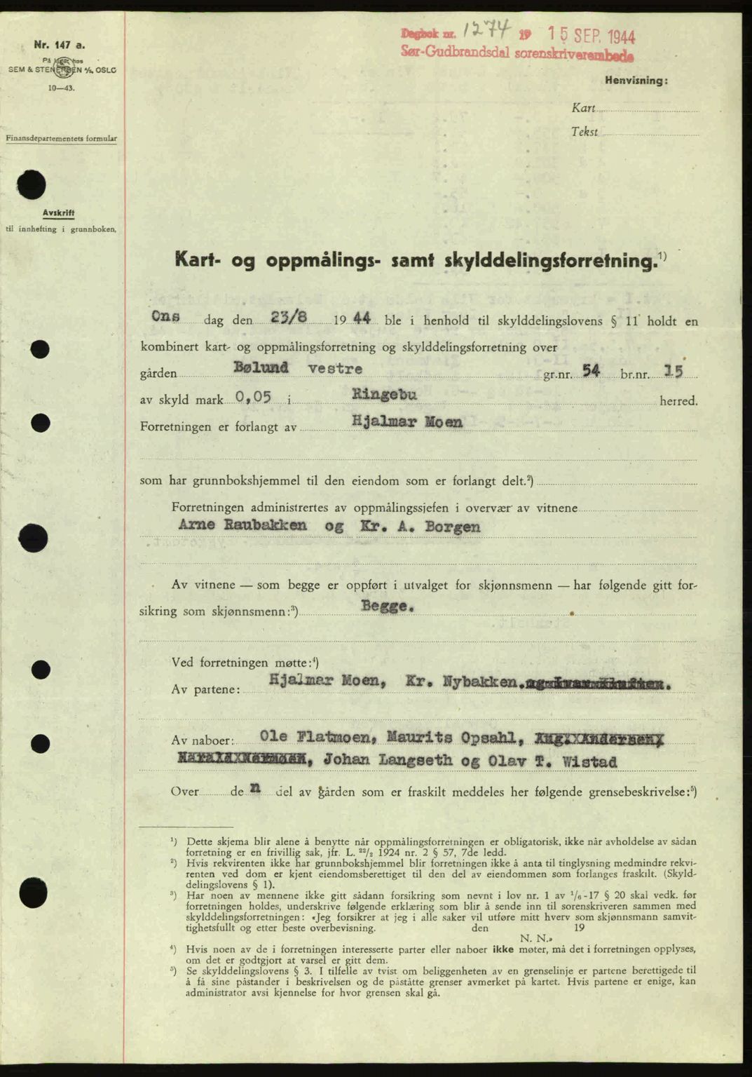 Sør-Gudbrandsdal tingrett, SAH/TING-004/H/Hb/Hbd/L0013: Pantebok nr. A13, 1944-1944, Dagboknr: 1274/1944