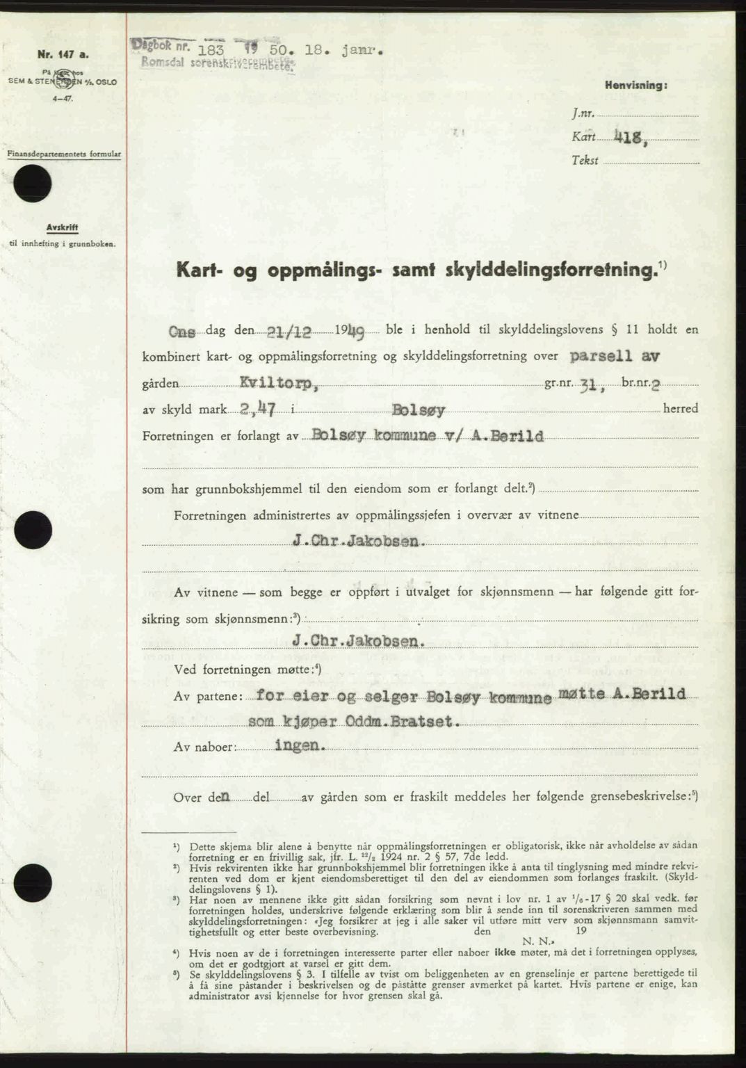 Romsdal sorenskriveri, SAT/A-4149/1/2/2C: Pantebok nr. A32, 1950-1950, Dagboknr: 183/1950