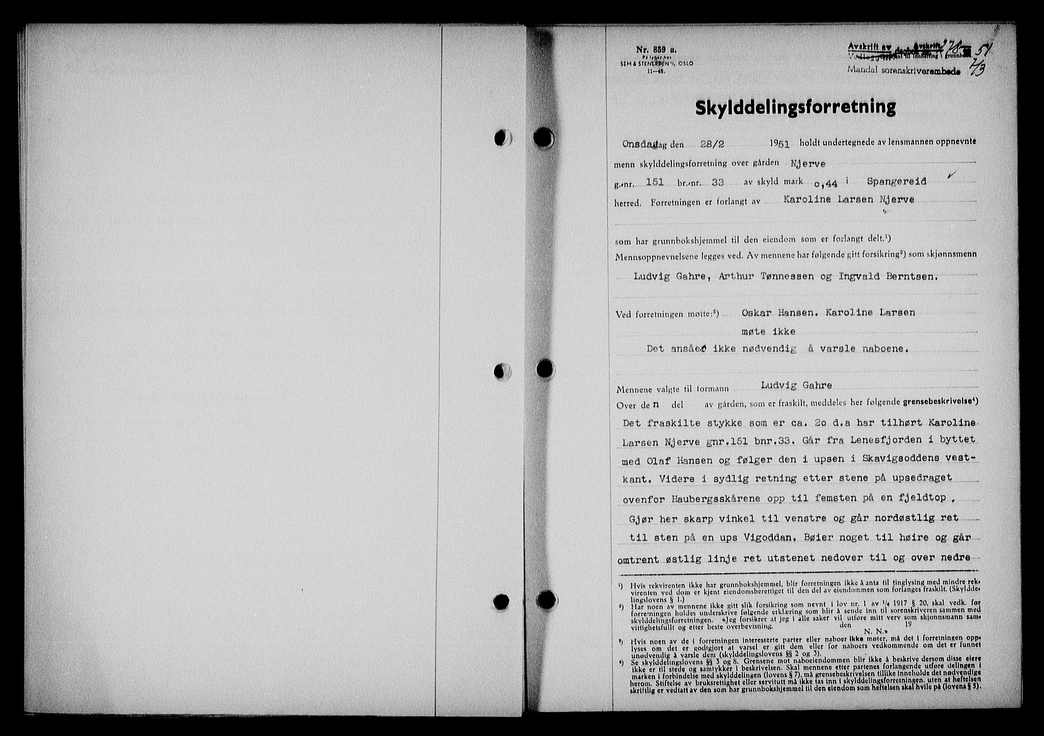Mandal sorenskriveri, SAK/1221-0005/001/G/Gb/Gba/L0084: Pantebok nr. A-21, 1951-1951, Dagboknr: 278/1951