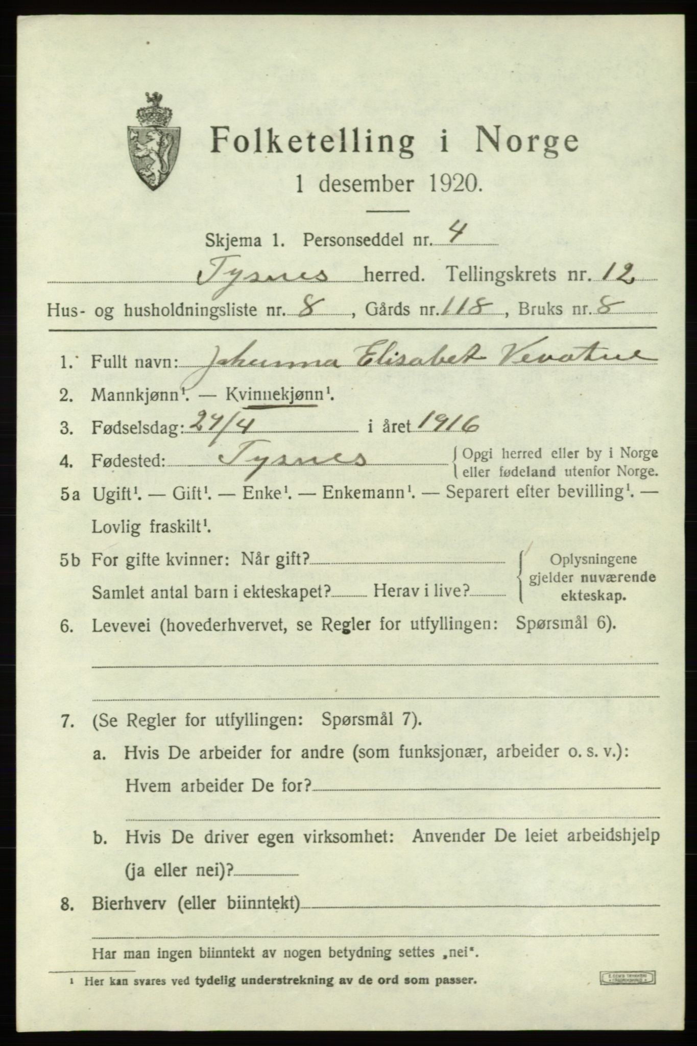 SAB, Folketelling 1920 for 1223 Tysnes herred, 1920, s. 8546