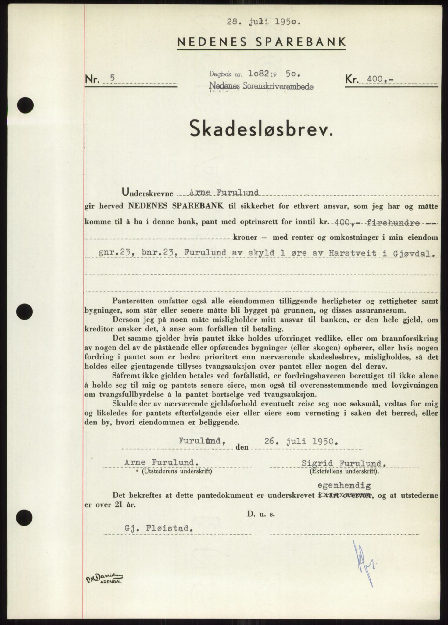 Nedenes sorenskriveri, SAK/1221-0006/G/Gb/Gbb/L0007: Pantebok nr. B7, 1949-1950, Dagboknr: 1082/1950