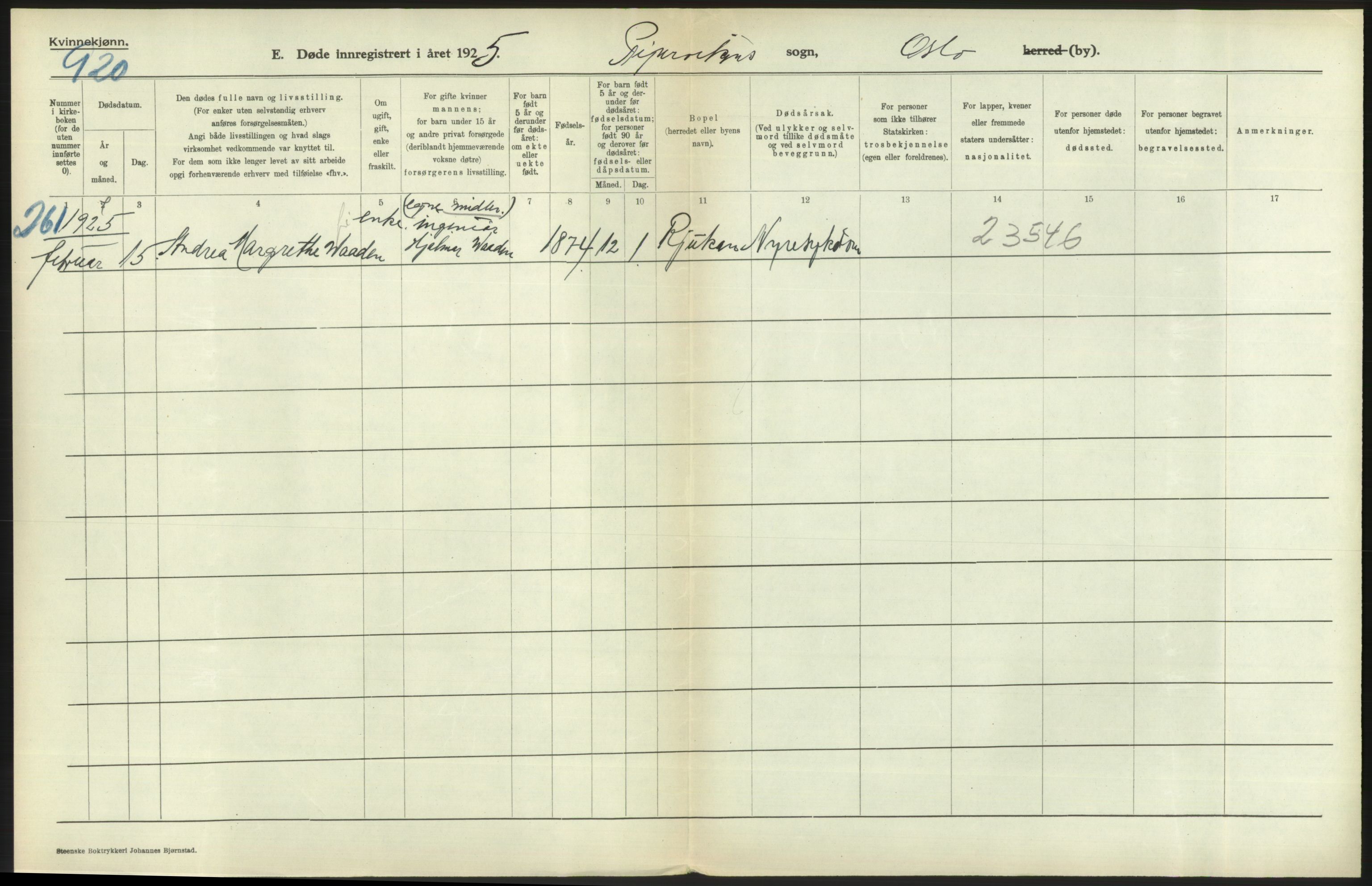 Statistisk sentralbyrå, Sosiodemografiske emner, Befolkning, AV/RA-S-2228/D/Df/Dfc/Dfce/L0010: Oslo: Døde kvinner, dødfødte, 1925, s. 586