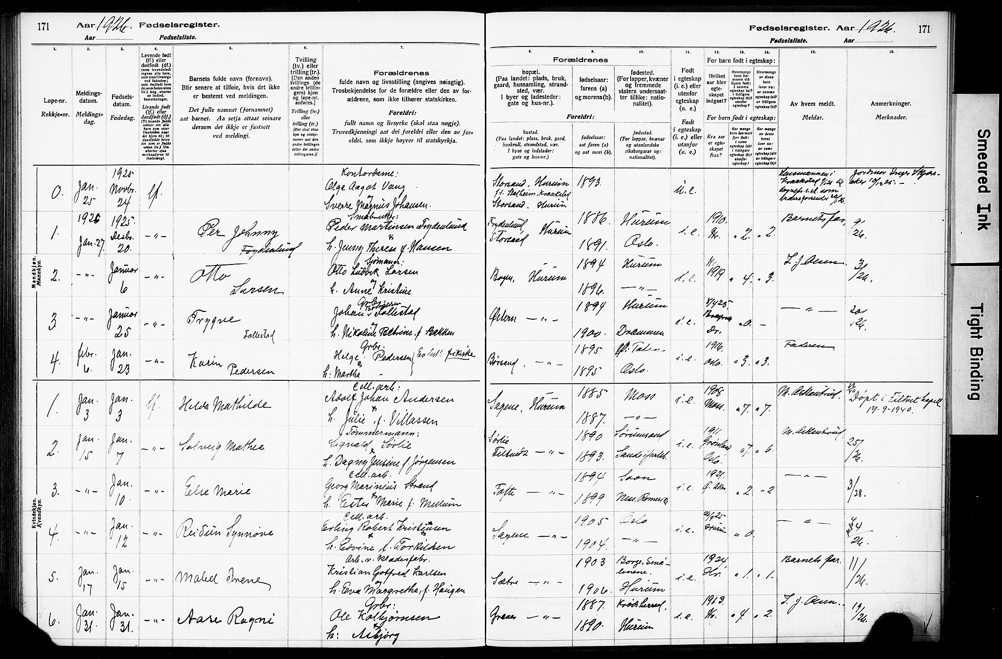 Hurum kirkebøker, AV/SAKO-A-229/J/Ja/L0001: Fødselsregister nr. 1, 1916-1928, s. 171