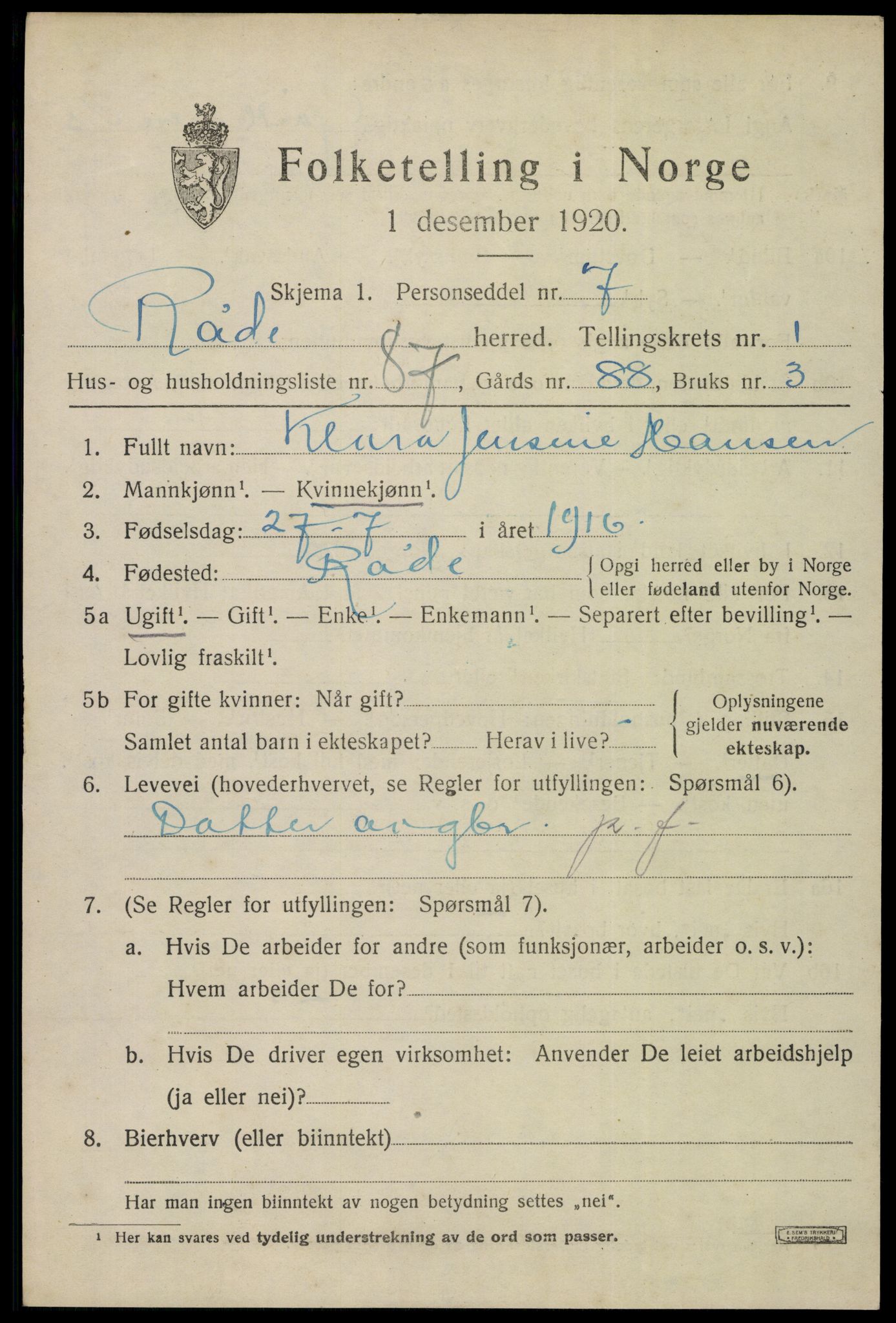 SAO, Folketelling 1920 for 0135 Råde herred, 1920, s. 2156