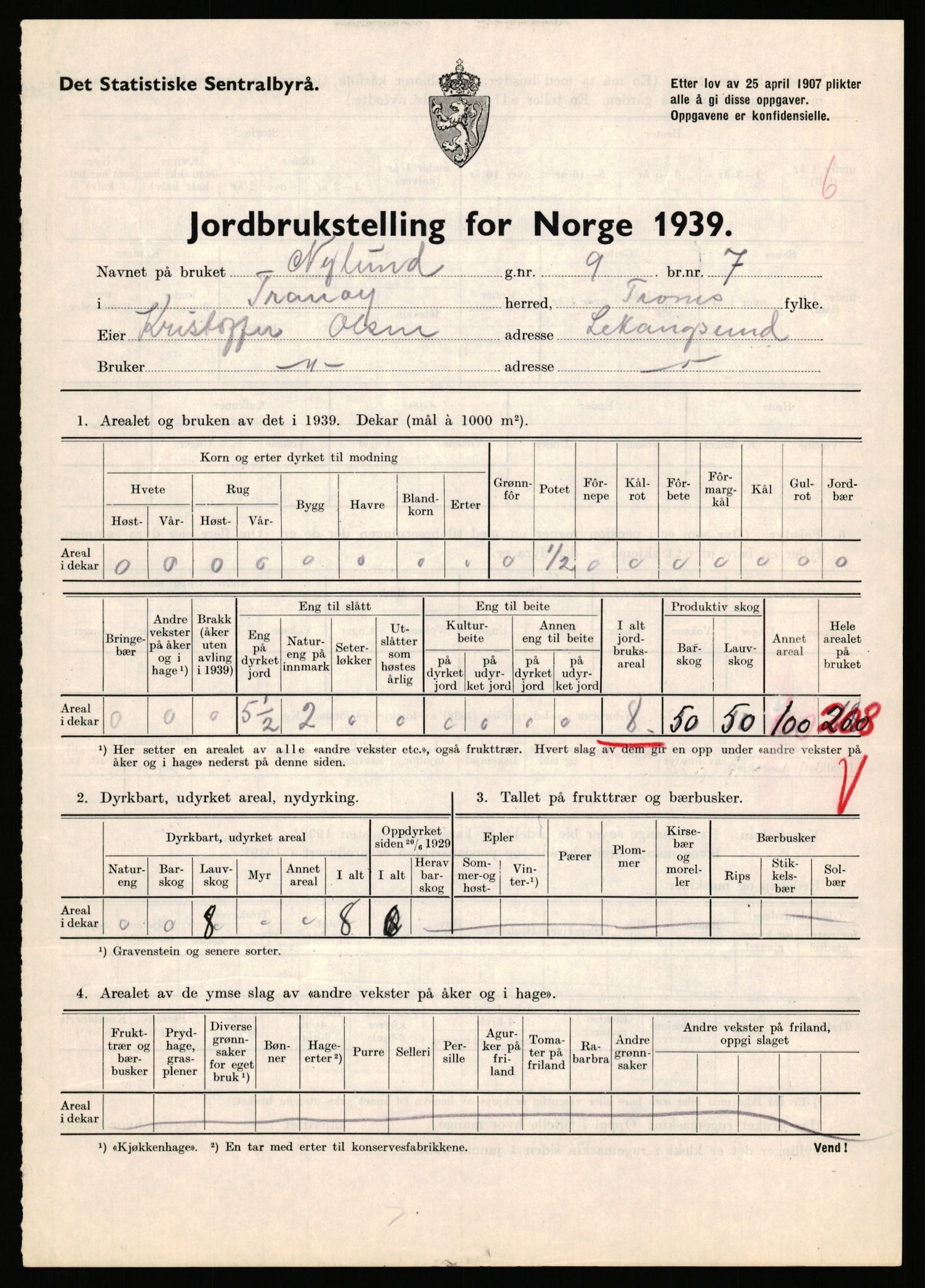 Statistisk sentralbyrå, Næringsøkonomiske emner, Jordbruk, skogbruk, jakt, fiske og fangst, AV/RA-S-2234/G/Gb/L0341: Troms: Sørreisa og Tranøy, 1939, s. 918