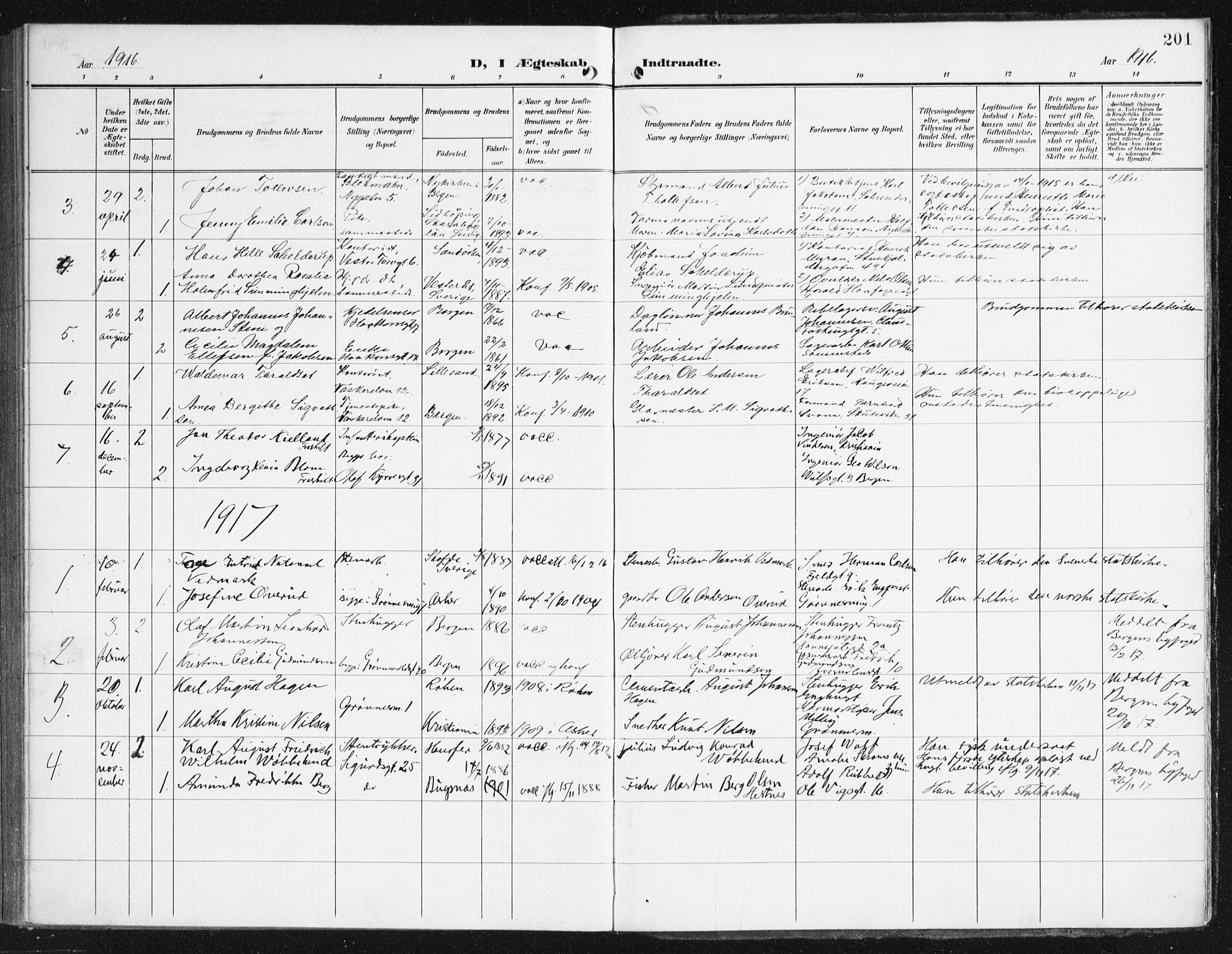 Domkirken sokneprestembete, AV/SAB-A-74801/H/Haa/L0038: Ministerialbok nr. D 5, 1906-1921, s. 201