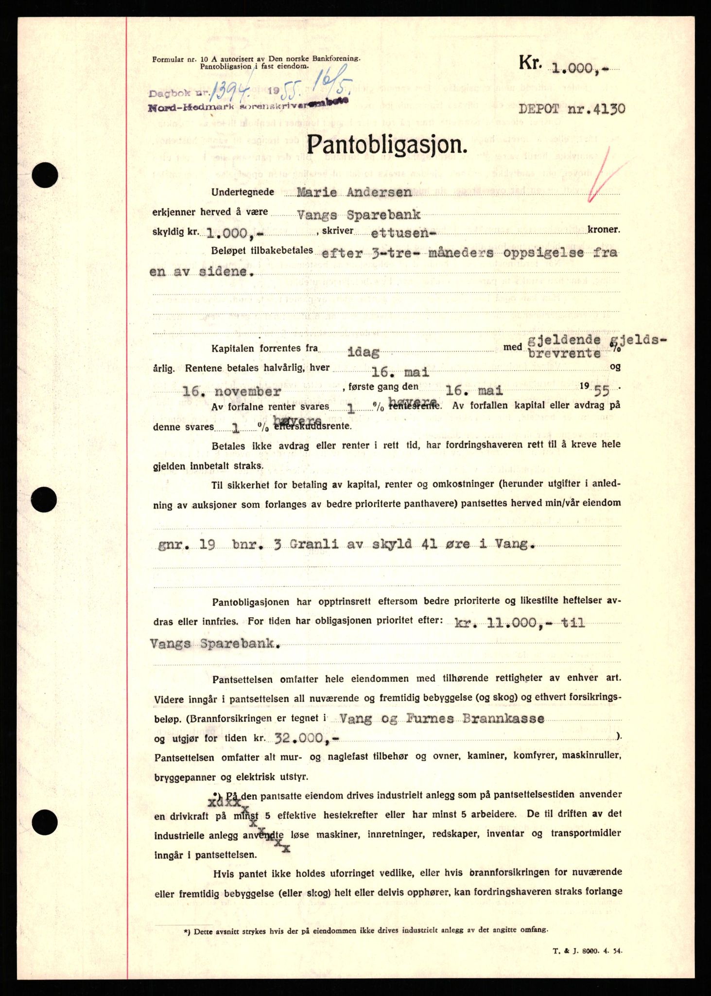 Nord-Hedmark sorenskriveri, SAH/TING-012/H/Hb/Hbf/L0032: Pantebok nr. B32, 1955-1955, Dagboknr: 1394/1952