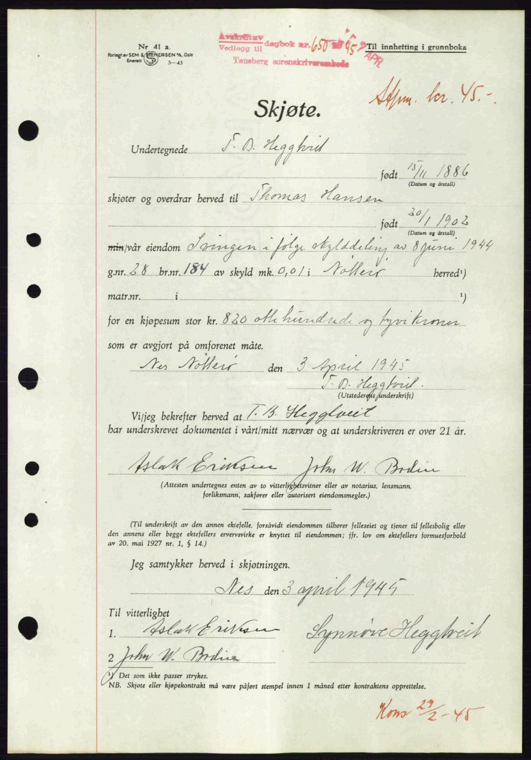 Tønsberg sorenskriveri, AV/SAKO-A-130/G/Ga/Gaa/L0016: Pantebok nr. A16, 1944-1945, Dagboknr: 650/1945