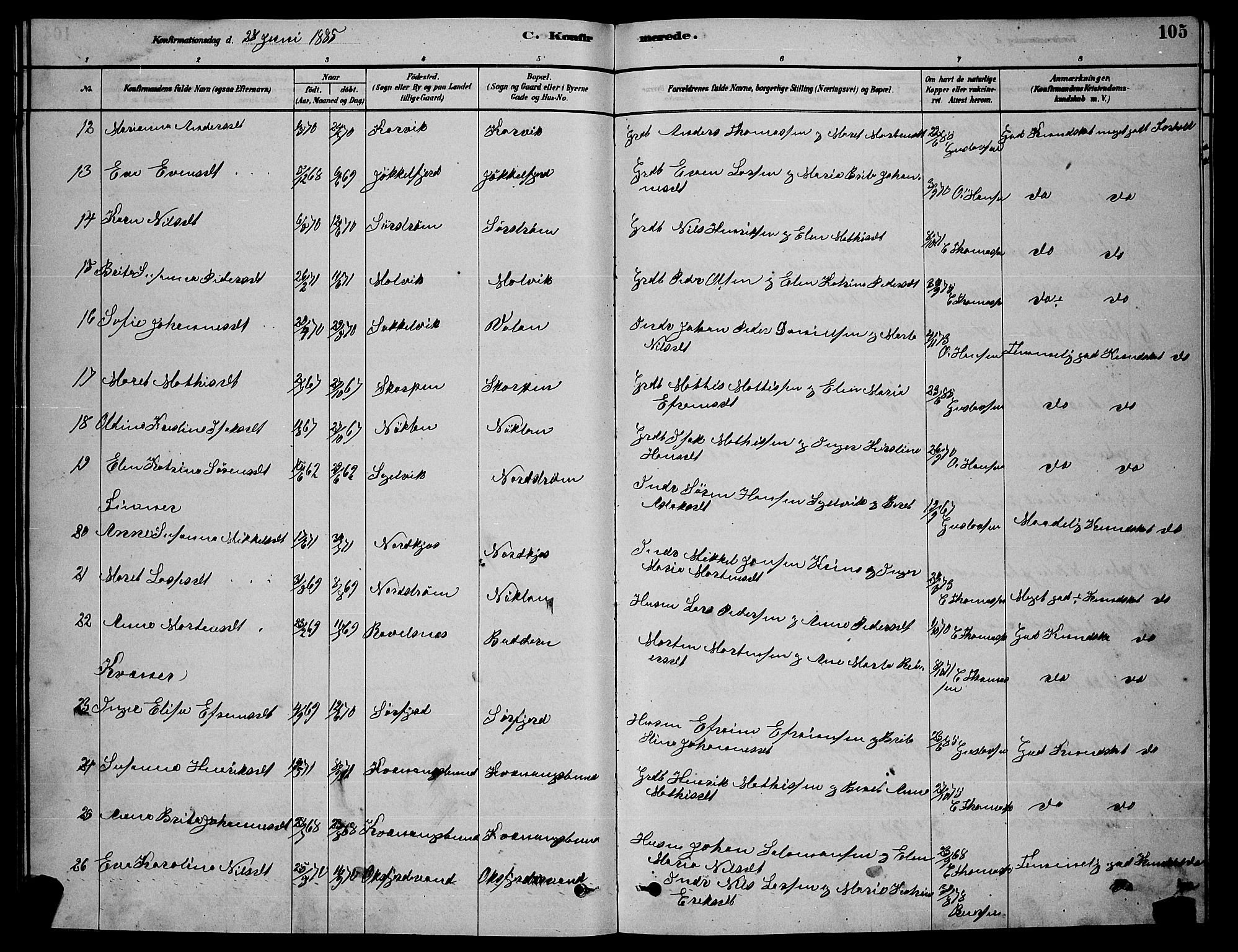 Skjervøy sokneprestkontor, AV/SATØ-S-1300/H/Ha/Hab/L0015klokker: Klokkerbok nr. 15, 1878-1890, s. 105