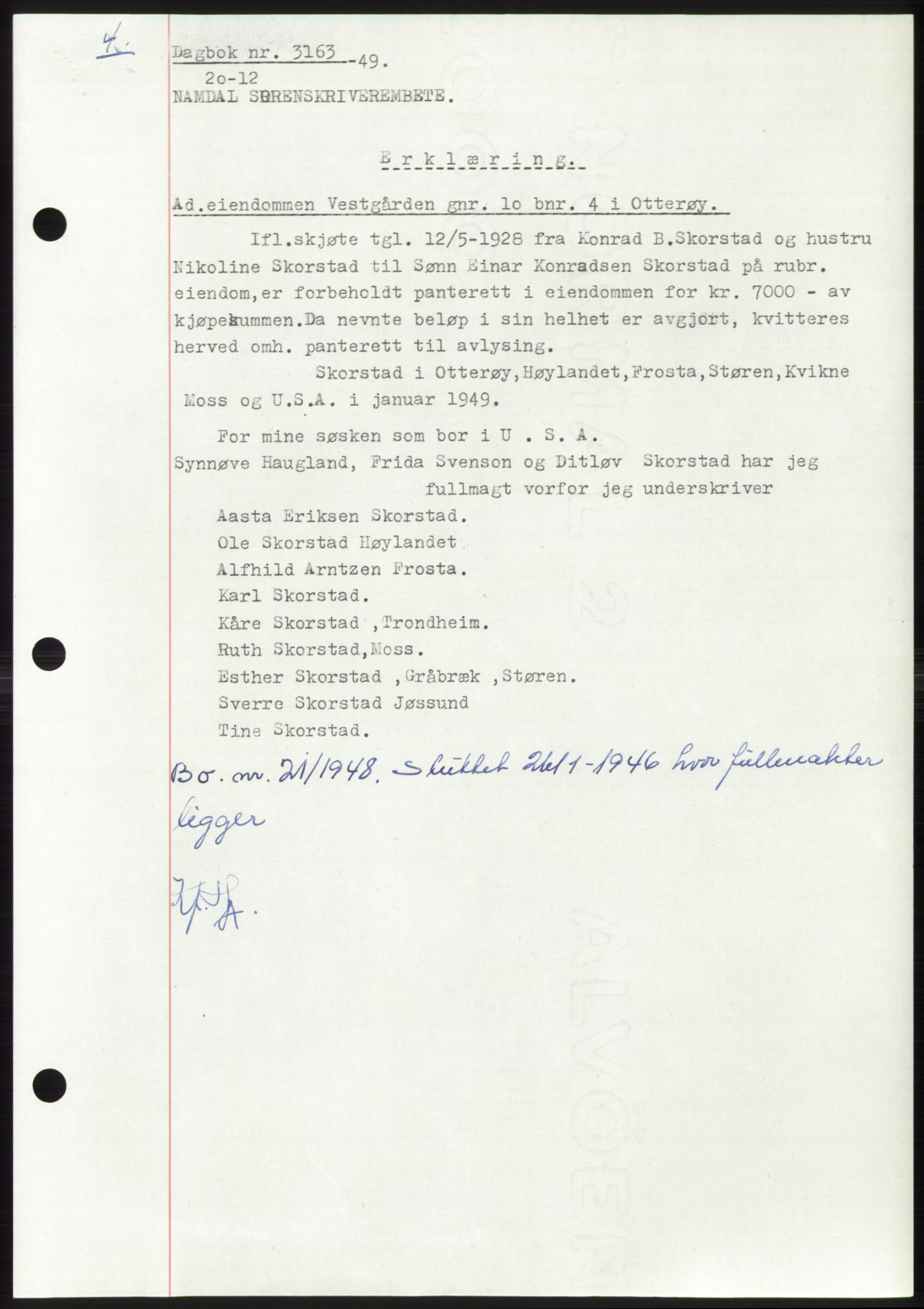 Namdal sorenskriveri, SAT/A-4133/1/2/2C: Pantebok nr. -, 1949-1949, Dagboknr: 3163/1949