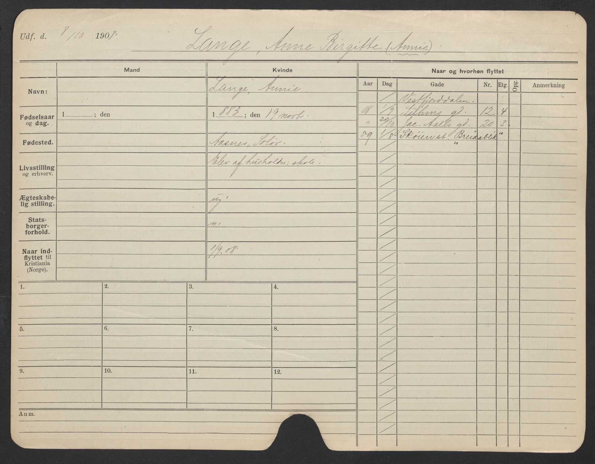 Oslo folkeregister, Registerkort, AV/SAO-A-11715/F/Fa/Fac/L0019: Kvinner, 1906-1914, s. 737a