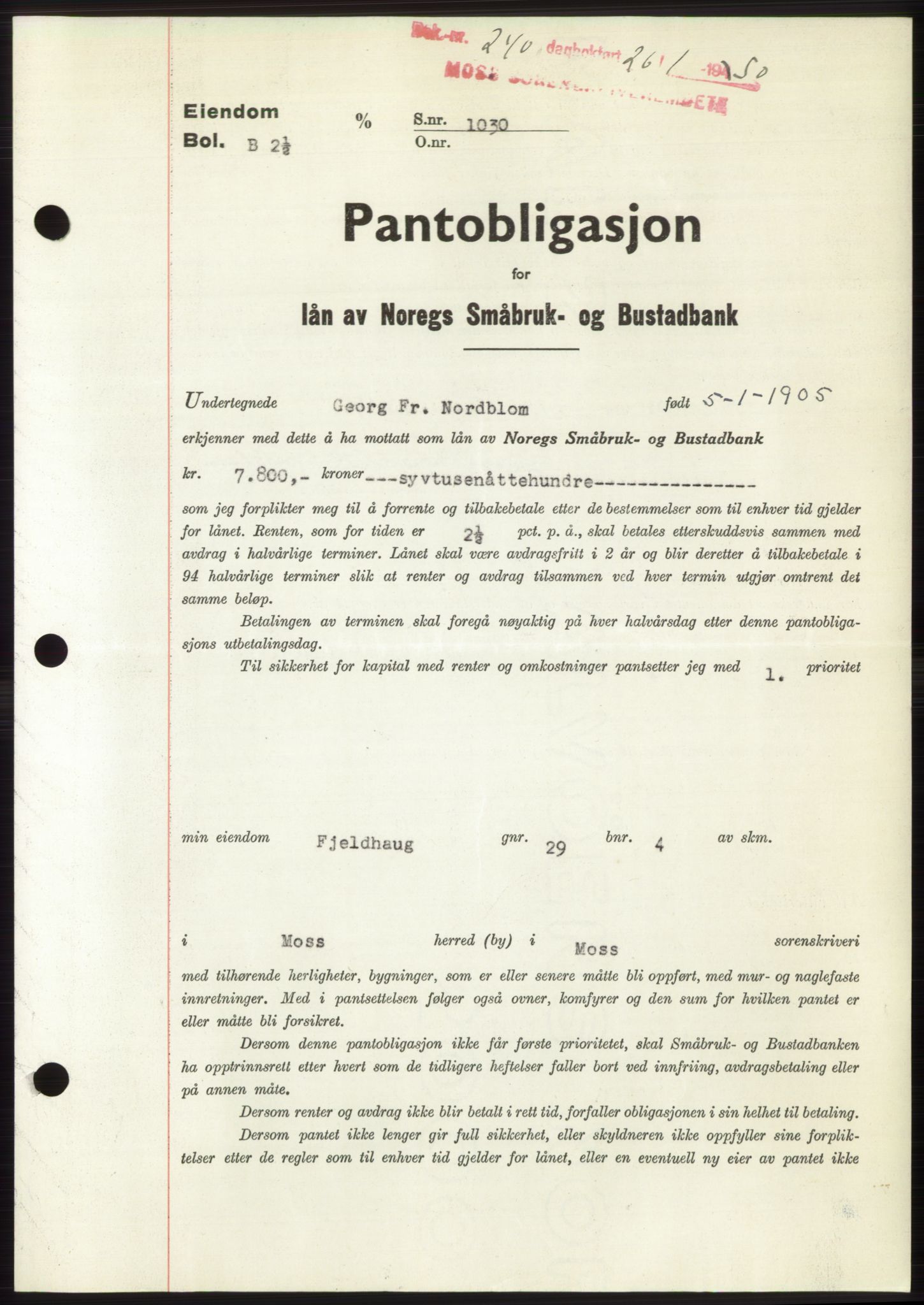 Moss sorenskriveri, SAO/A-10168: Pantebok nr. B23, 1949-1950, Dagboknr: 240/1950