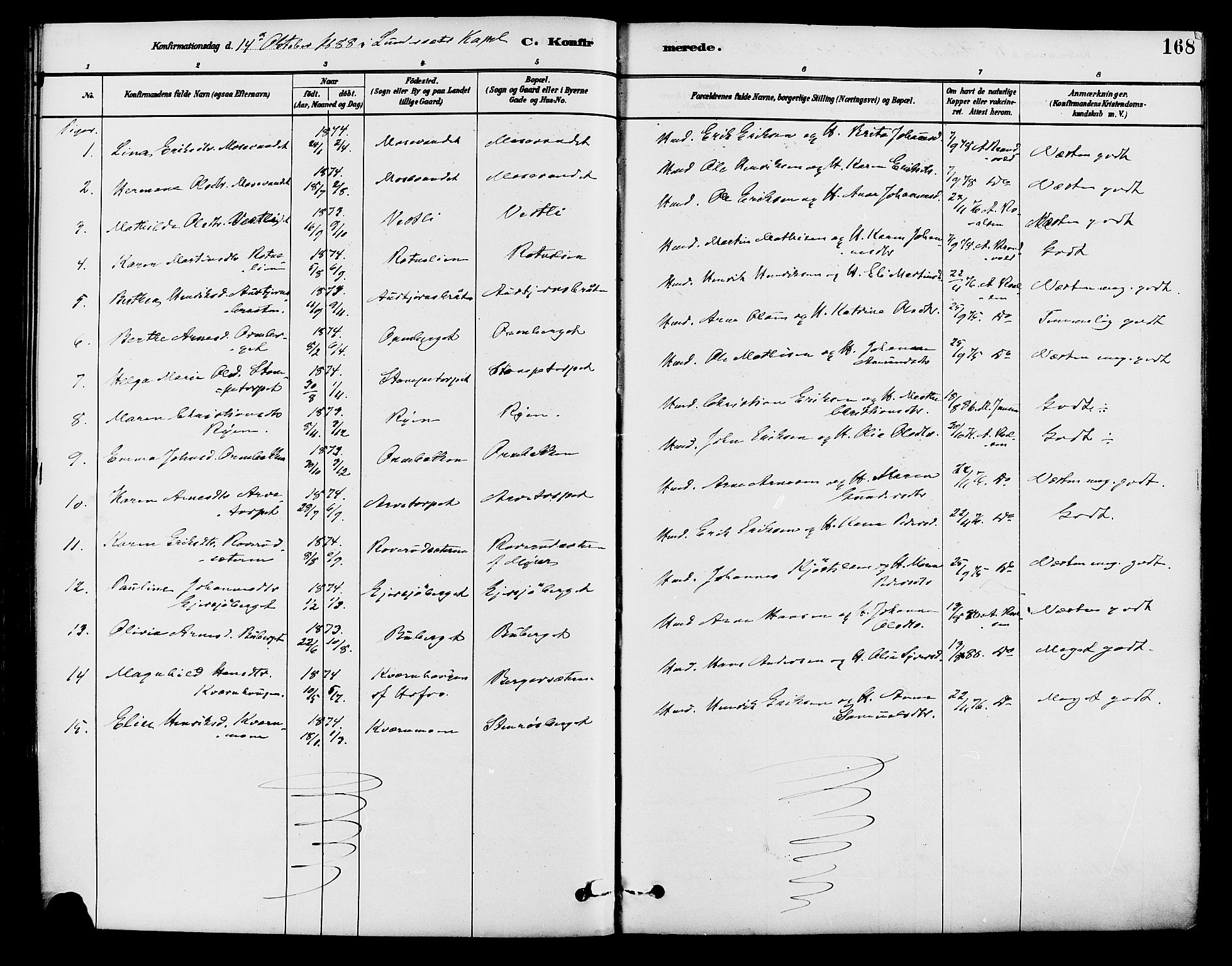 Brandval prestekontor, AV/SAH-PREST-034/H/Ha/Haa/L0002: Ministerialbok nr. 2, 1880-1894, s. 168