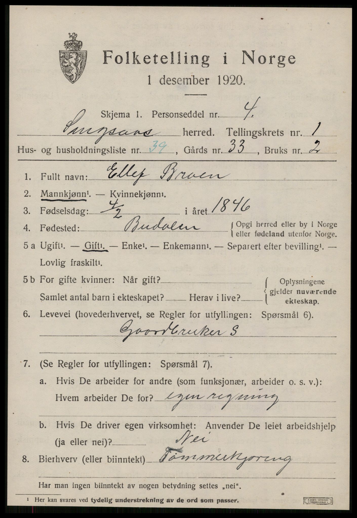 SAT, Folketelling 1920 for 1646 Singsås herred, 1920, s. 1113