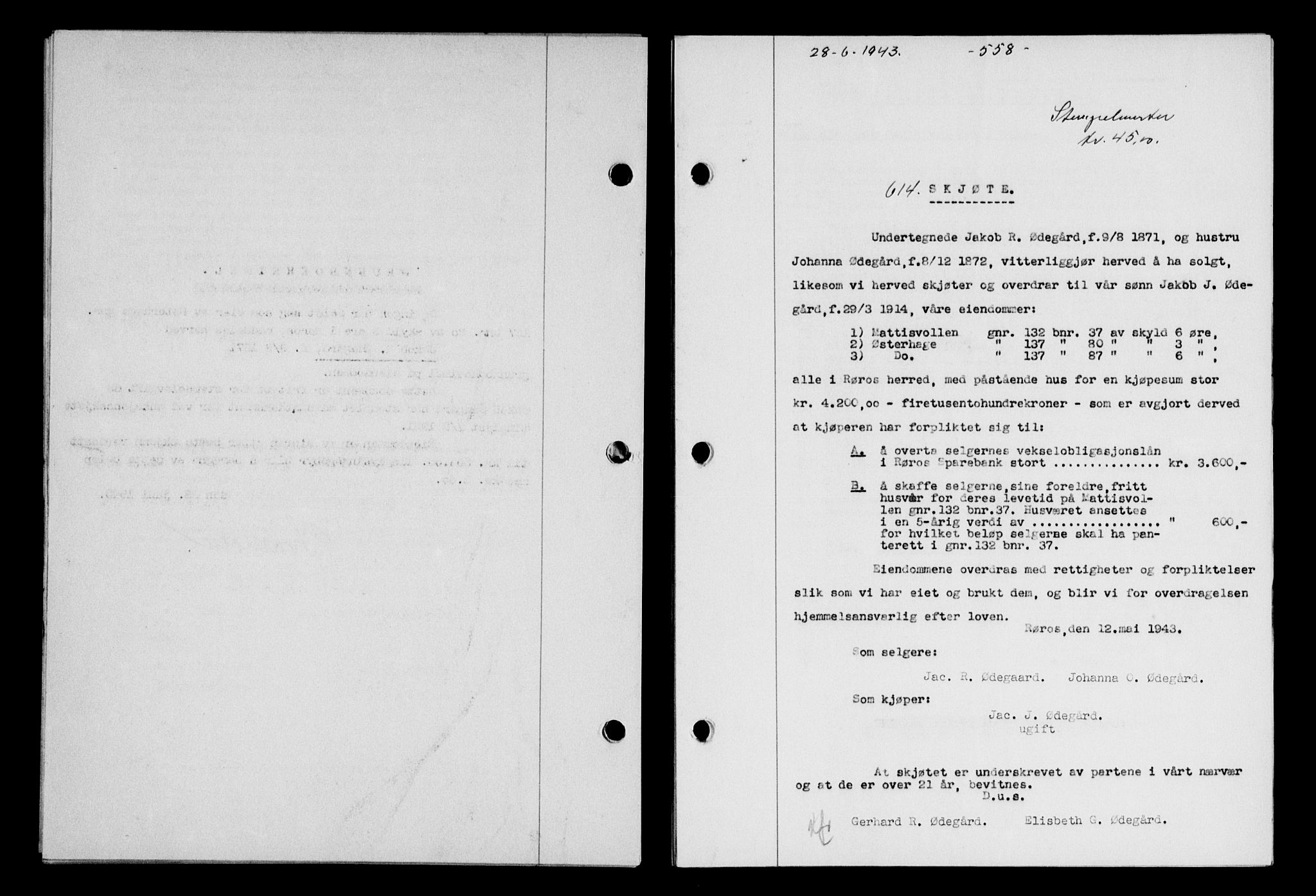 Gauldal sorenskriveri, SAT/A-0014/1/2/2C/L0056: Pantebok nr. 61, 1942-1943, Dagboknr: 614/1943