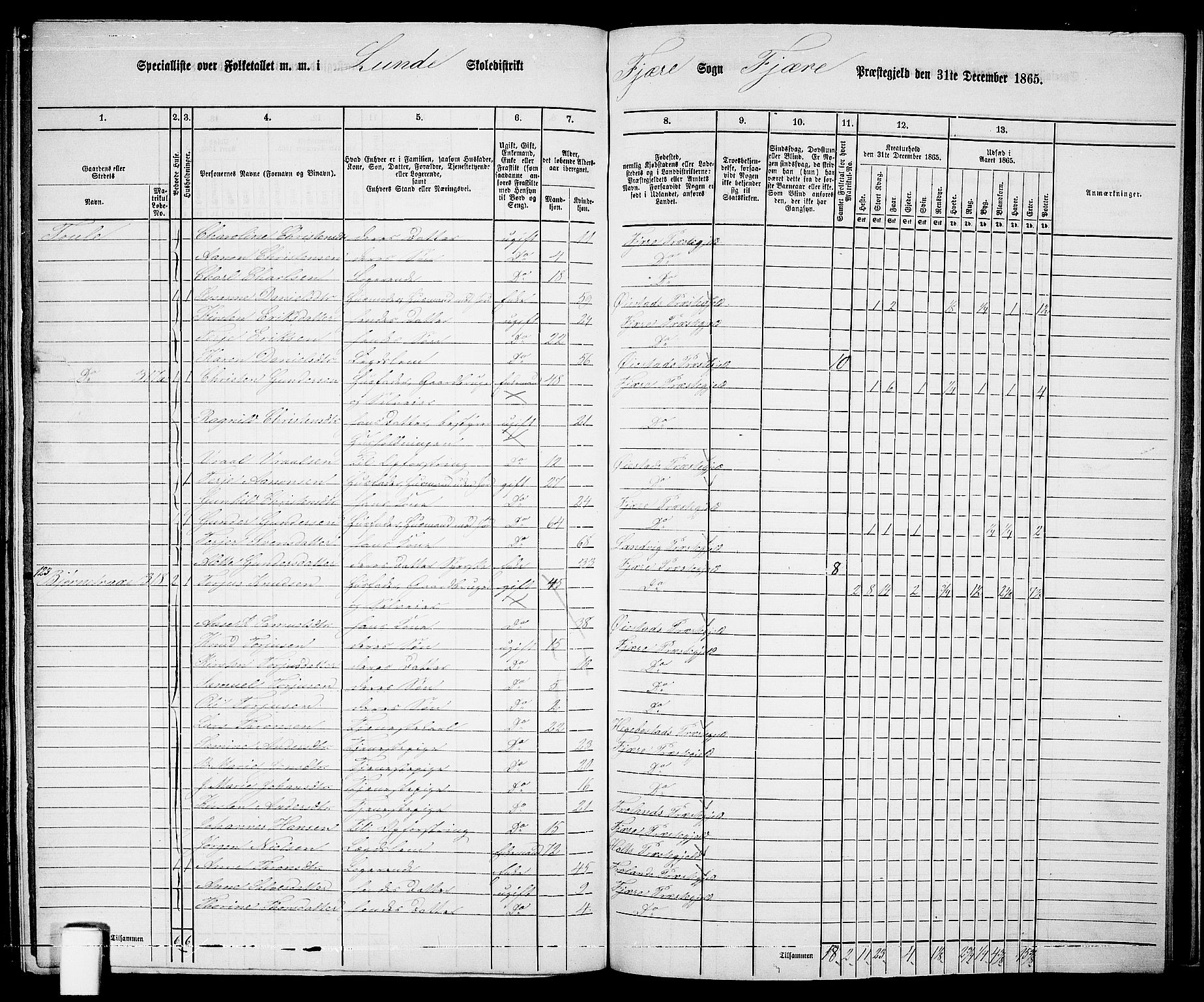 RA, Folketelling 1865 for 0923L Fjære prestegjeld, Fjære sokn, 1865, s. 157