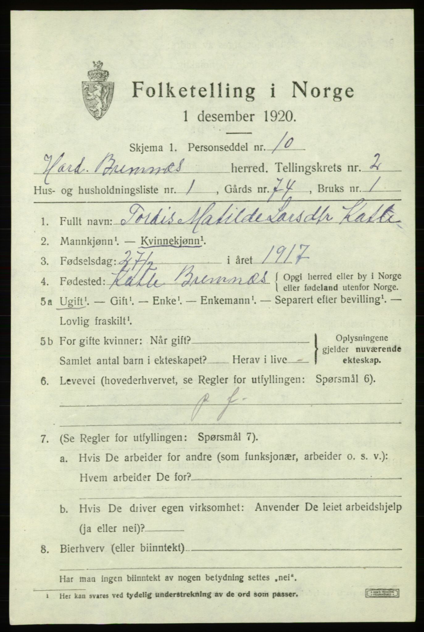 SAB, Folketelling 1920 for 1220 Bremnes herred, 1920, s. 1308