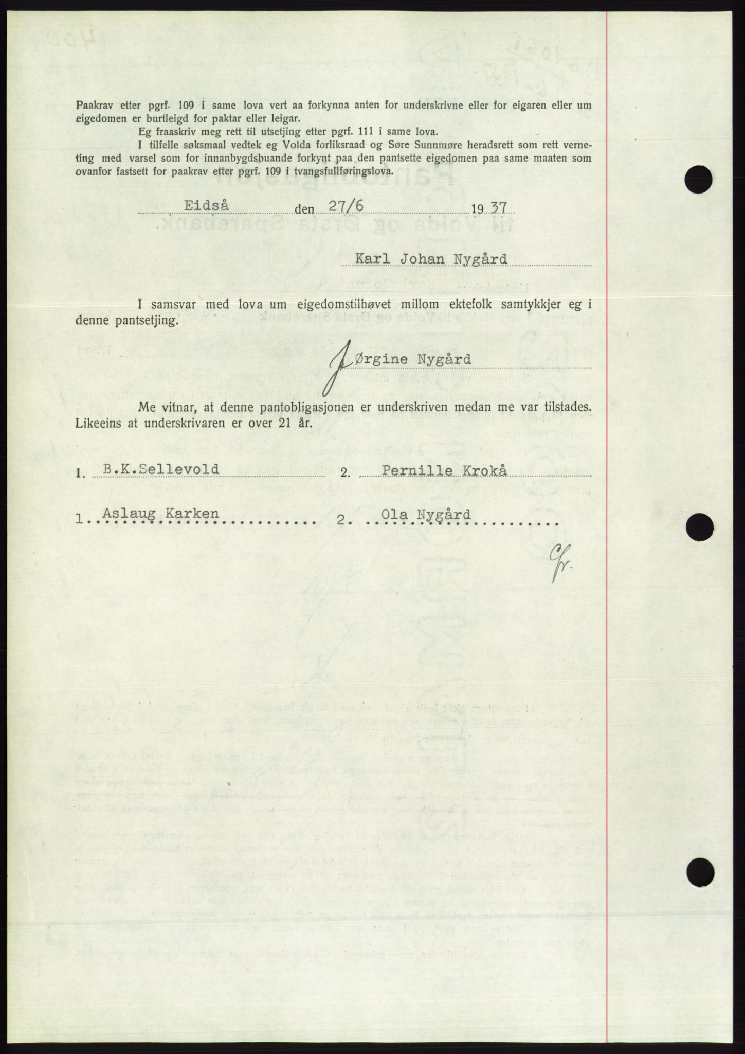 Søre Sunnmøre sorenskriveri, AV/SAT-A-4122/1/2/2C/L0063: Pantebok nr. 57, 1937-1937, Dagboknr: 1068/1937