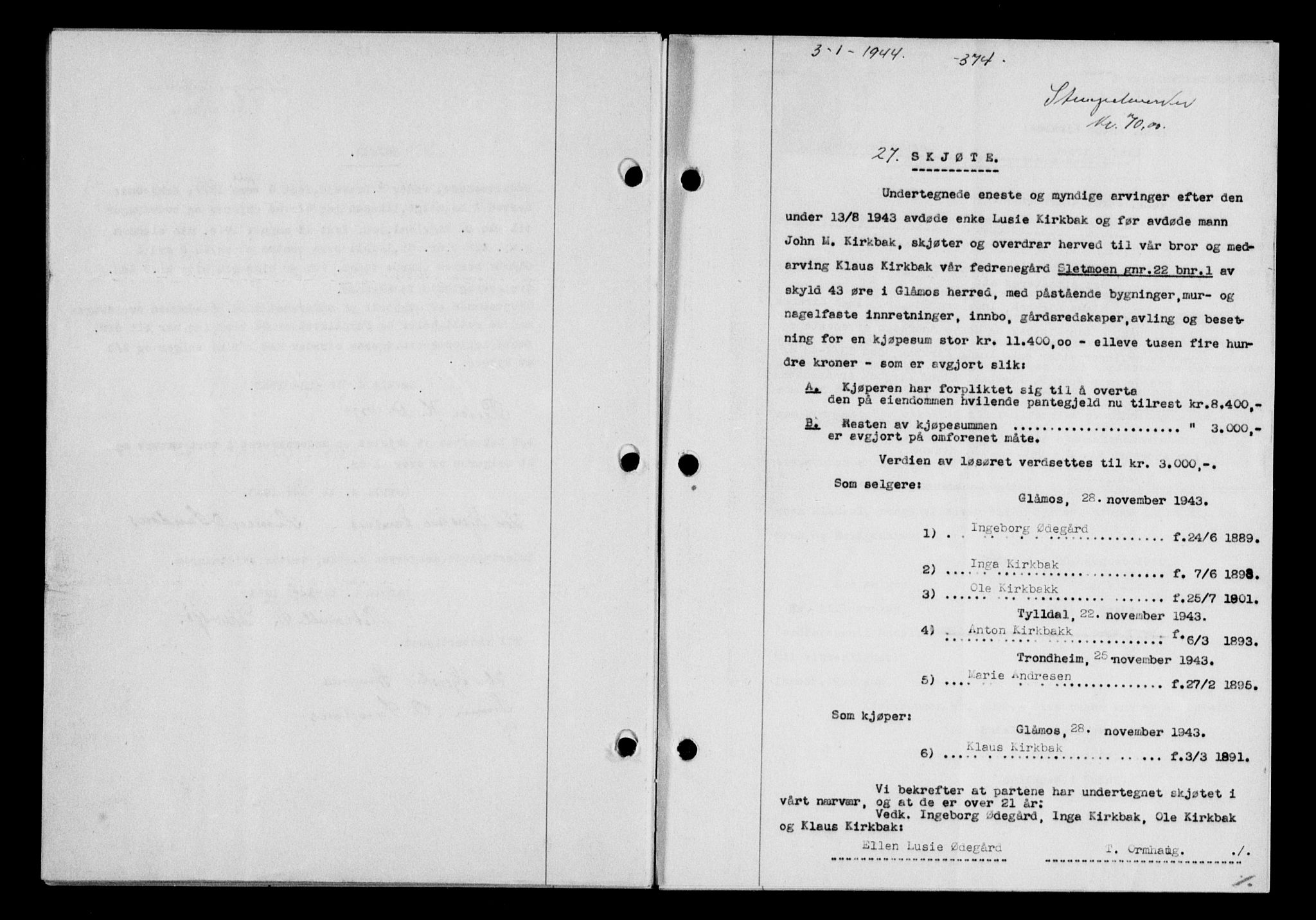 Gauldal sorenskriveri, SAT/A-0014/1/2/2C/L0057: Pantebok nr. 62, 1943-1944, Dagboknr: 27/1944