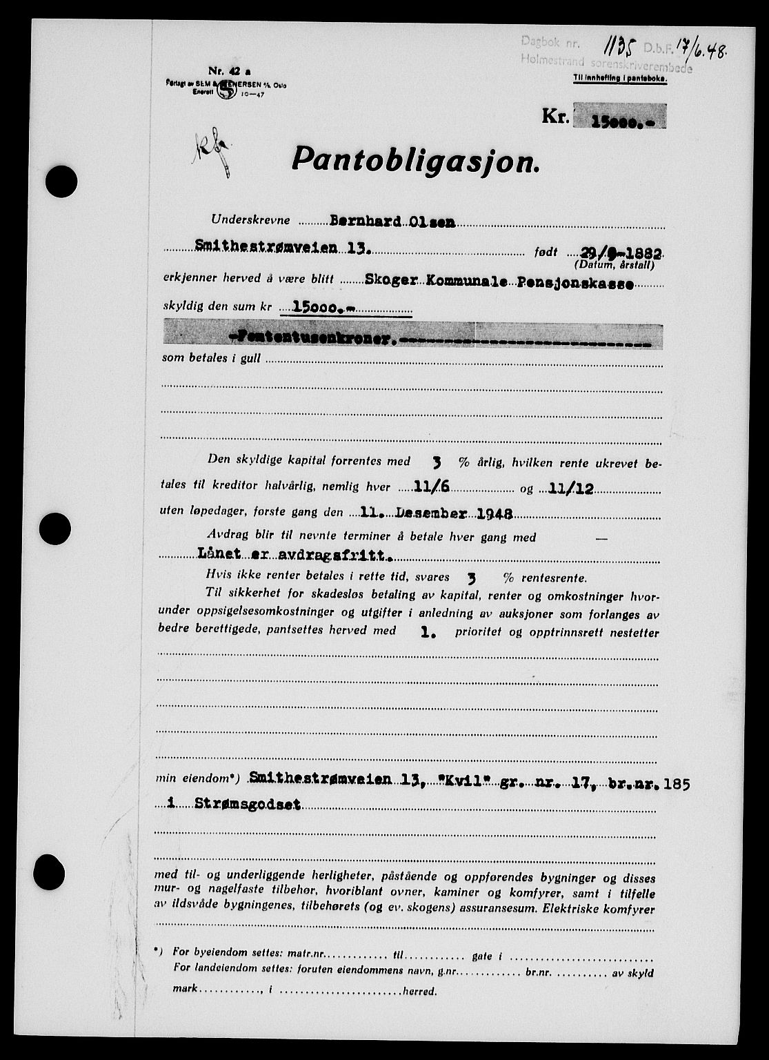 Holmestrand sorenskriveri, SAKO/A-67/G/Ga/Gab/L0058: Pantebok nr. B-58, 1947-1948, Dagboknr: 1135/1948