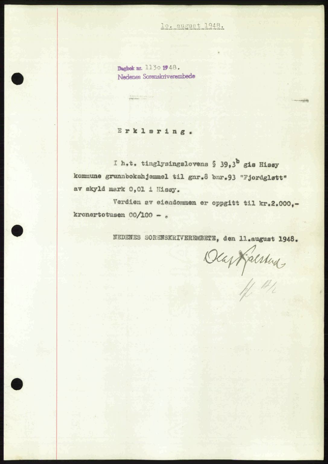 Nedenes sorenskriveri, SAK/1221-0006/G/Gb/Gba/L0059: Pantebok nr. A11, 1948-1948, Dagboknr: 1130/1948