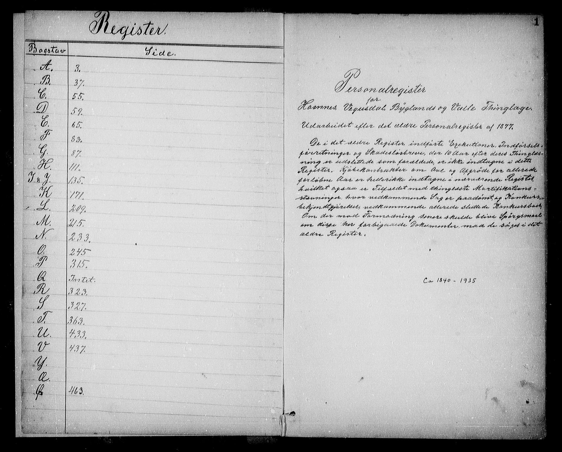 Setesdal sorenskriveri, SAK/1221-0011/G/Ge/L0003: Panteregister nr. 38, 1840-1935